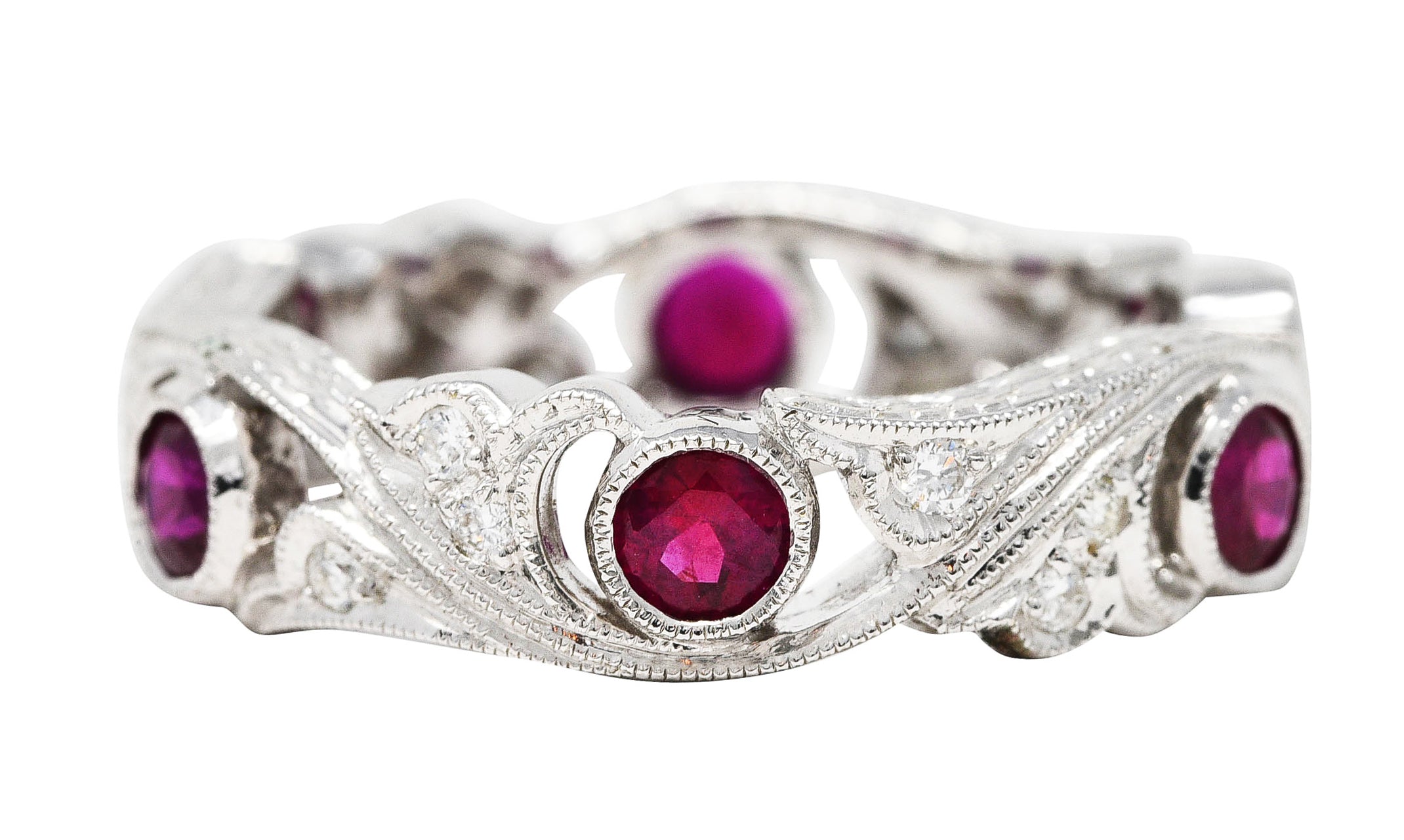 Contemporary 1.05 CTW Ruby Diamond 18 Karat White Gold Ginkgo Band RingRings - Wilson's Estate Jewelry