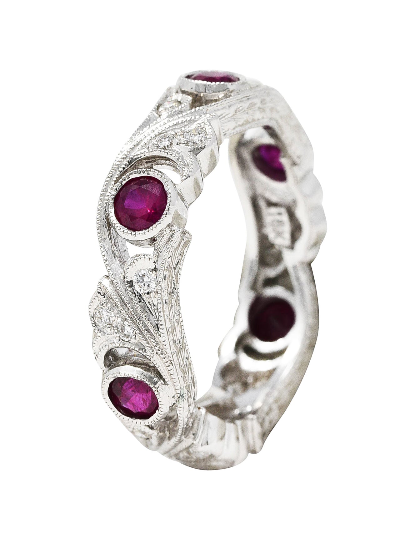 Contemporary 1.05 CTW Ruby Diamond 18 Karat White Gold Ginkgo Band RingRings - Wilson's Estate Jewelry