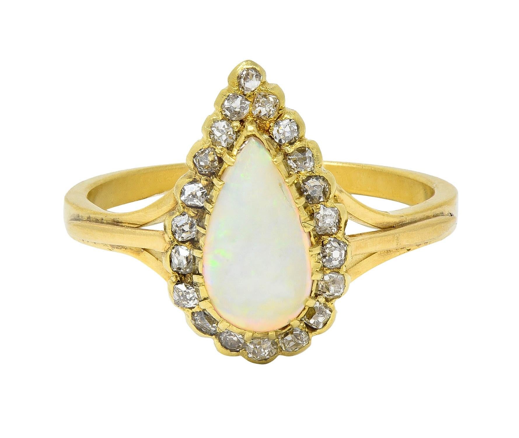 Victorian Opal Pear Cabochon Old Mine Diamond 18 Karat Yellow Gold Halo Ring