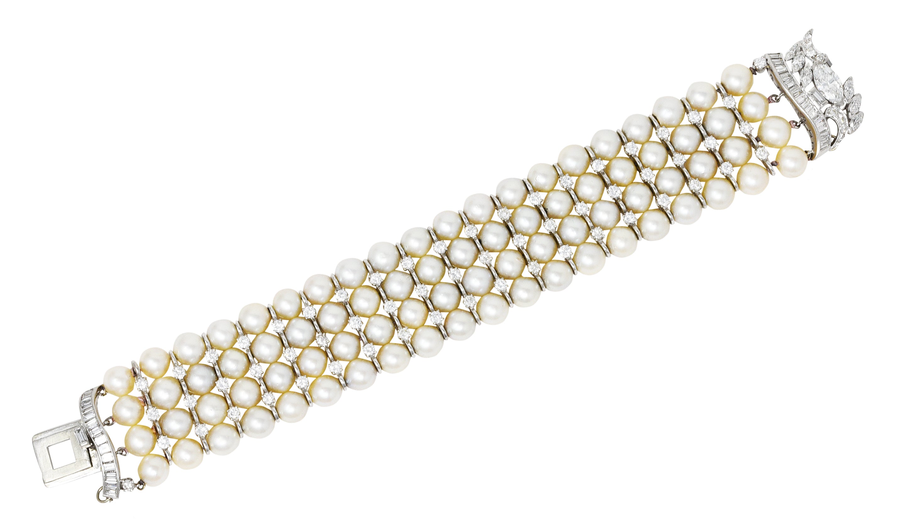 1950's Mid-Century 8.00 CTW Diamond Cultured Pearl Platinum Vintage Multi-Strand Statement Bracelet Wilson's Estate Jewelry