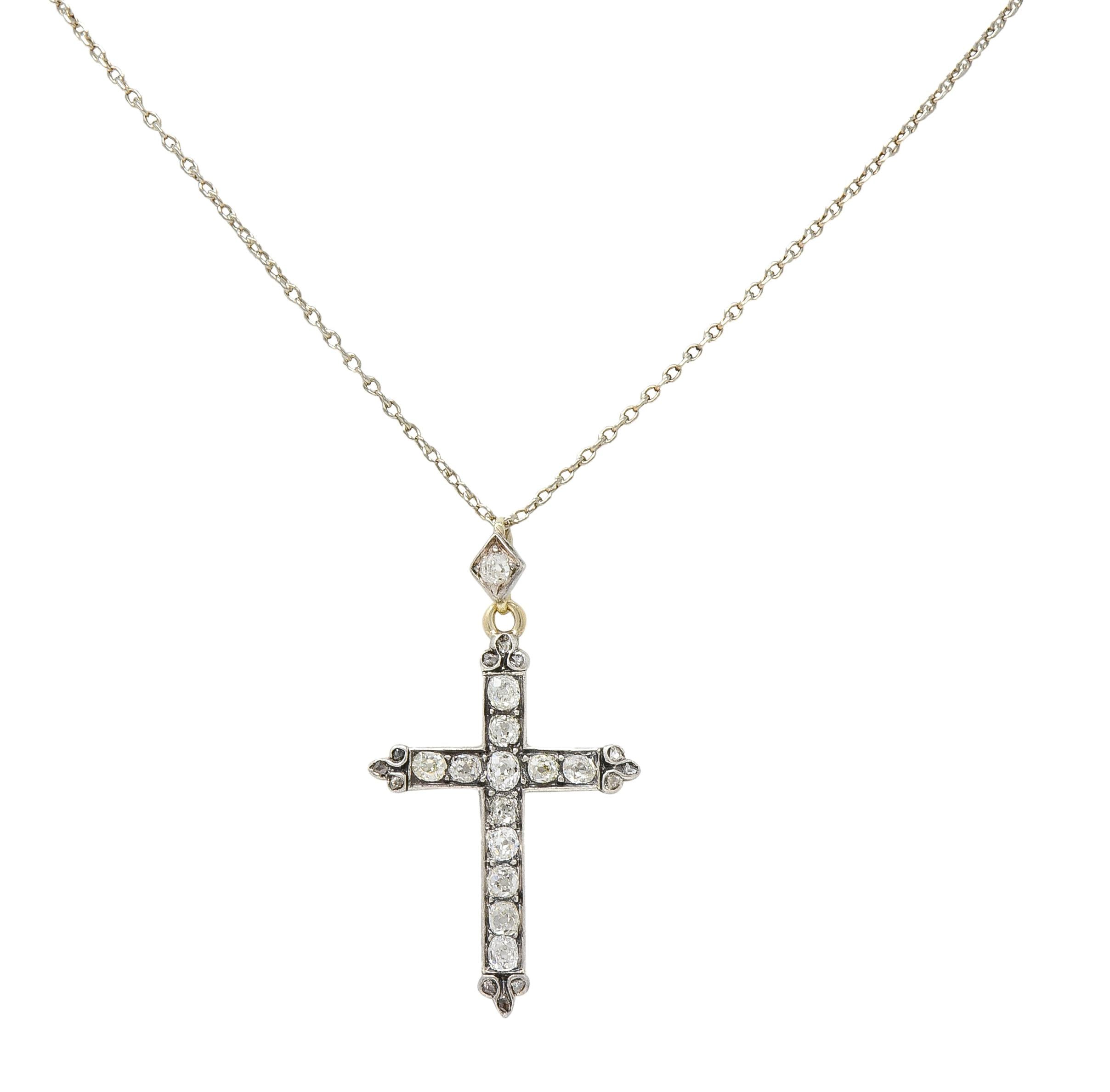 Victorian 0.95 CTW Old Mine Diamond Silver 14 Karat Gold Cross Pendant Necklace