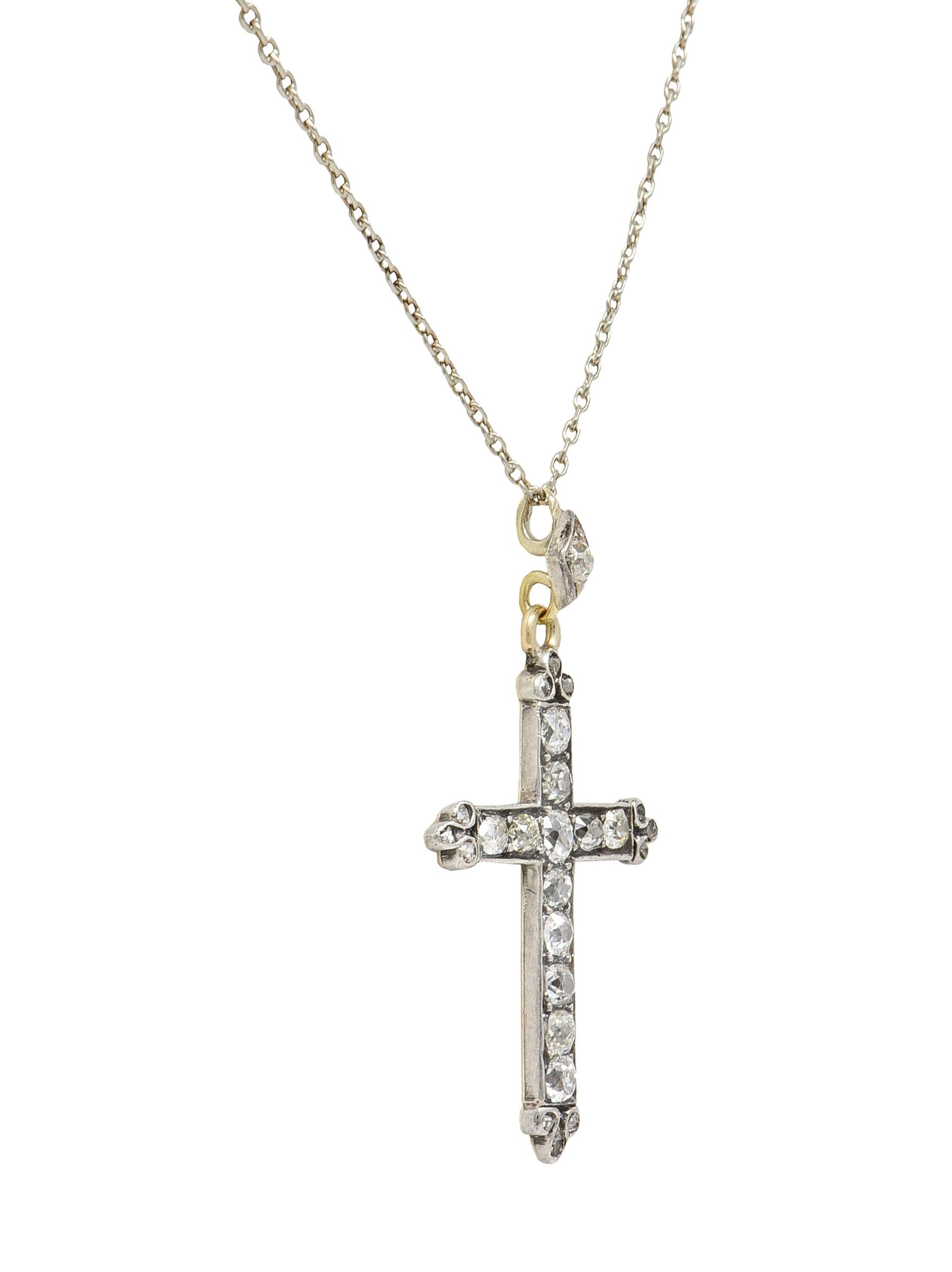 Victorian 0.95 CTW Old Mine Diamond Silver 14 Karat Gold Cross Pendant Necklace