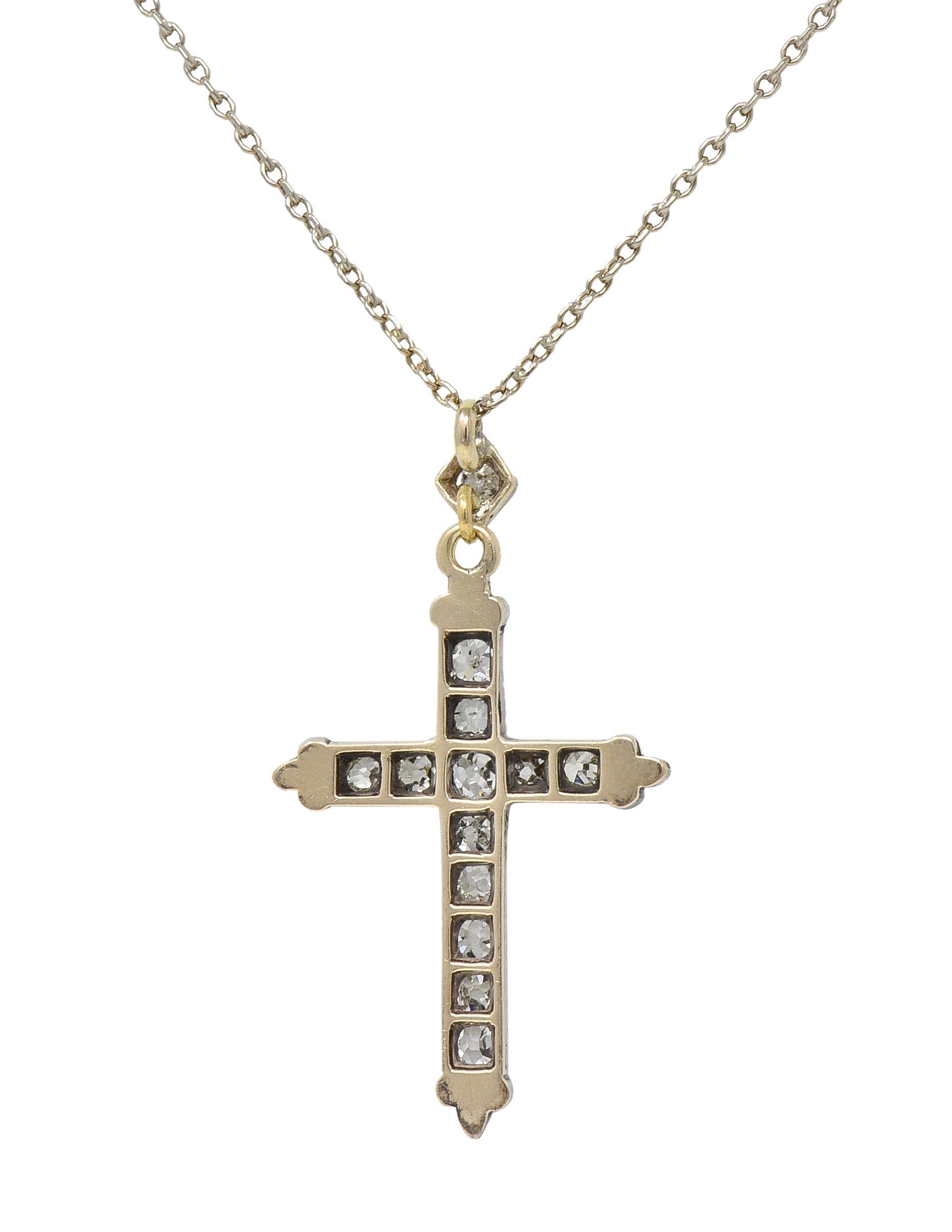 Victorian 0.95 CTW Old Mine Diamond Silver 14 Karat Gold Cross Pendant Necklace