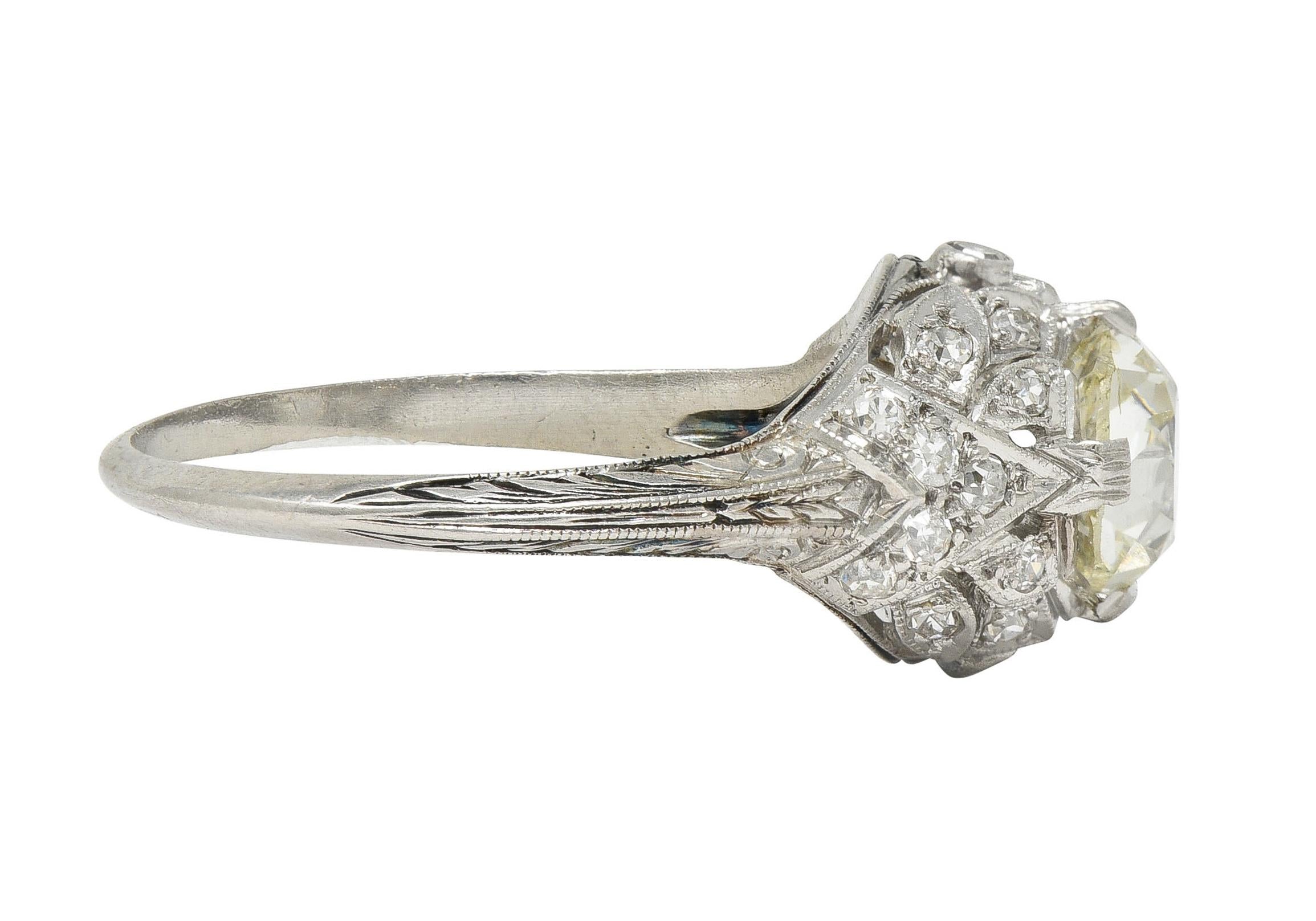 Art Deco 1.76 CTW Diamond Platinum Foliate Bombé Vintage Engagement Ring