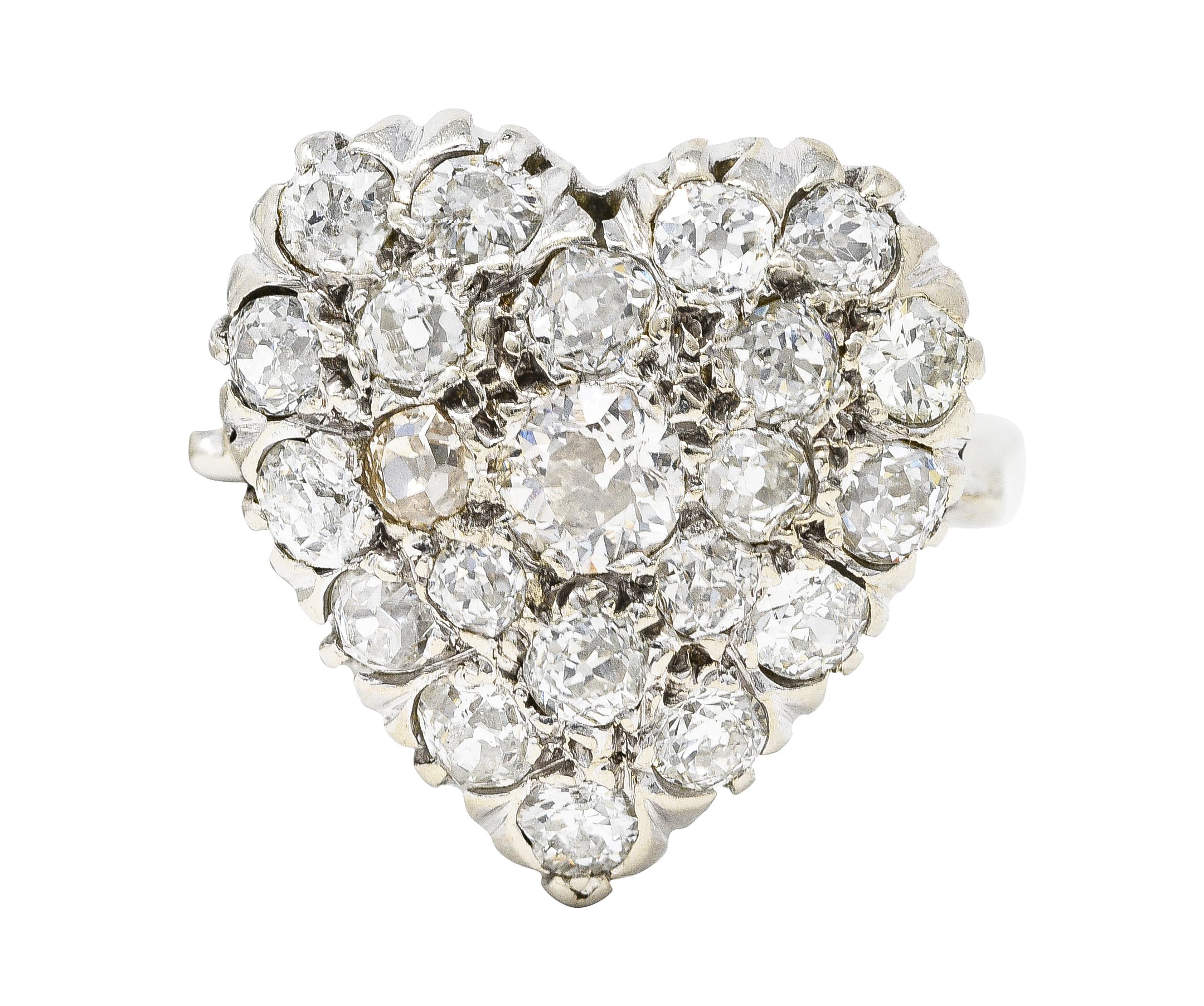 Edwardian 1.59 CTW Old Mine Cut Diamond 14 Karat White Gold Antique Heart Ring Wilson's Estate Jewelry