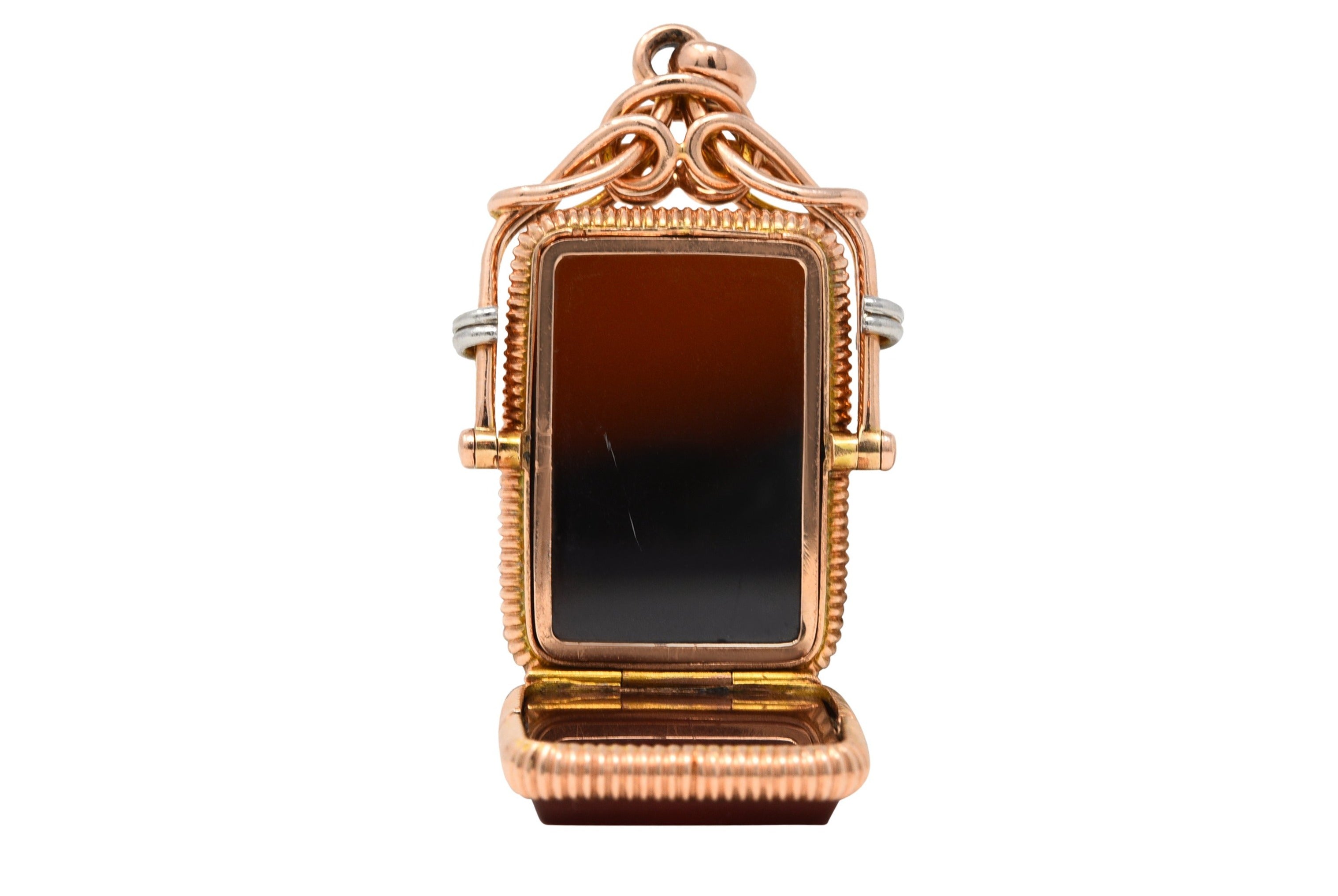 1900 Victorian Carnelian Sard Platinum 14 Karat Rose Gold Intaglio Locketcharm - Wilson's Estate Jewelry