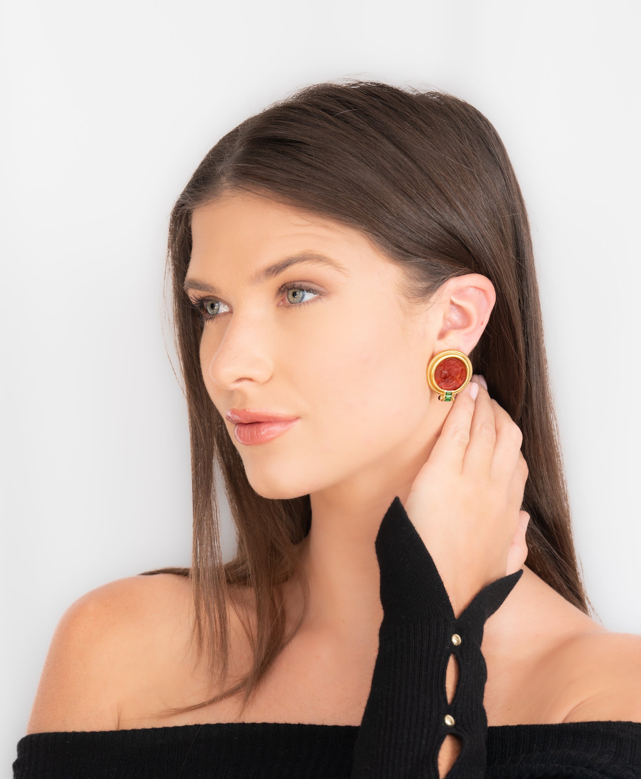 1980's Garnet Carved Glass Cameo 18 Karat Yellow Gold Ancient Coin Ear-Clip Earrings Wilson's Estate Jewelry