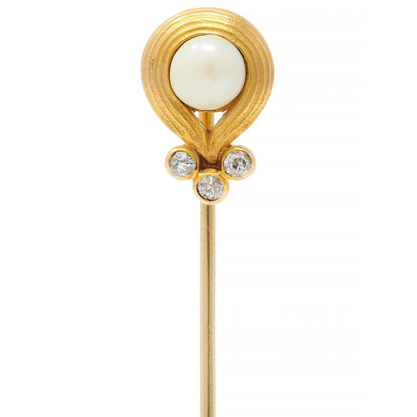 Art Nouveau Pearl Diamond 14 Karat Yellow Gold Antique Swirl Stickpin