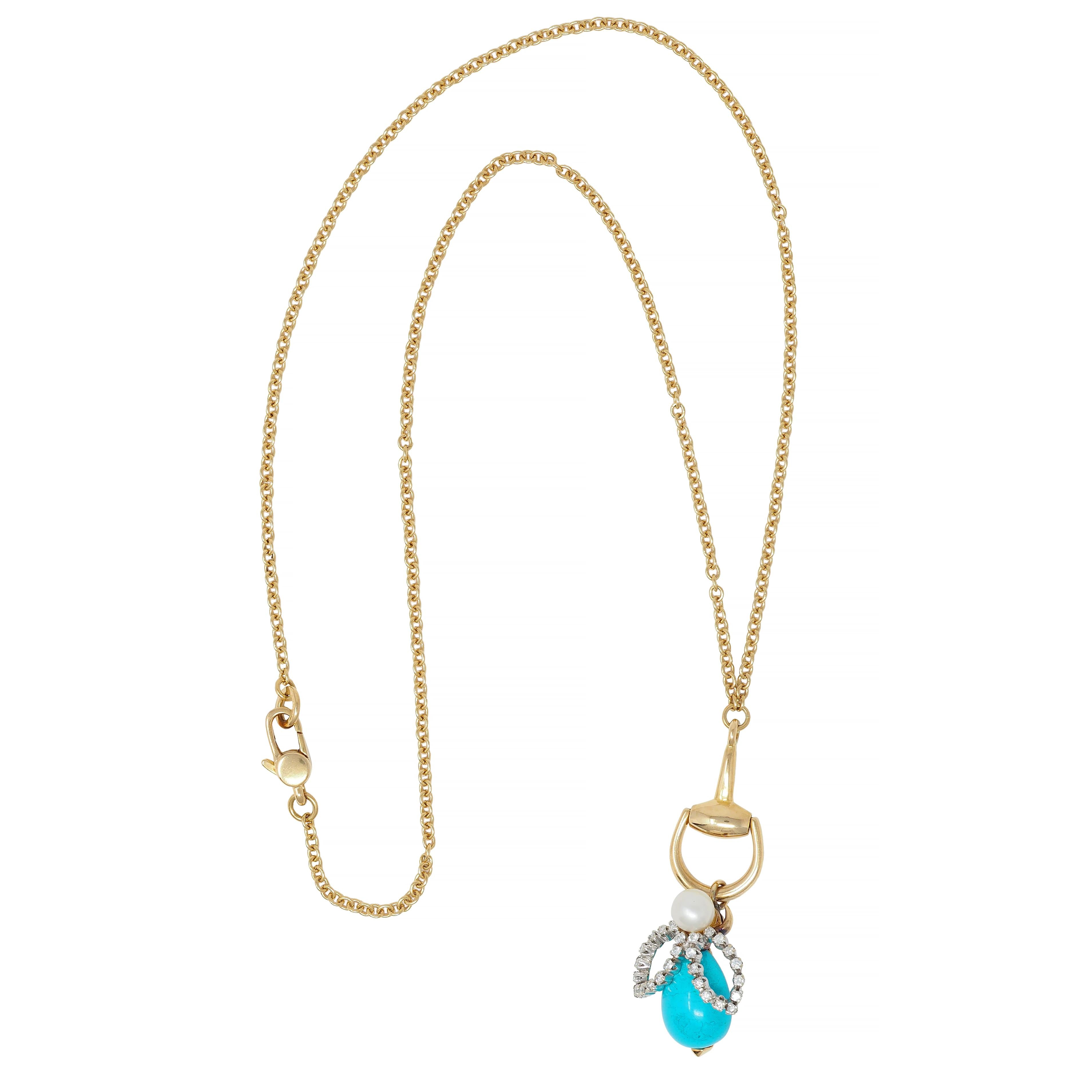 Gucci Turquoise Pearl Diamond Platinum 18K Gold Horsebit Bee Pendant Necklace