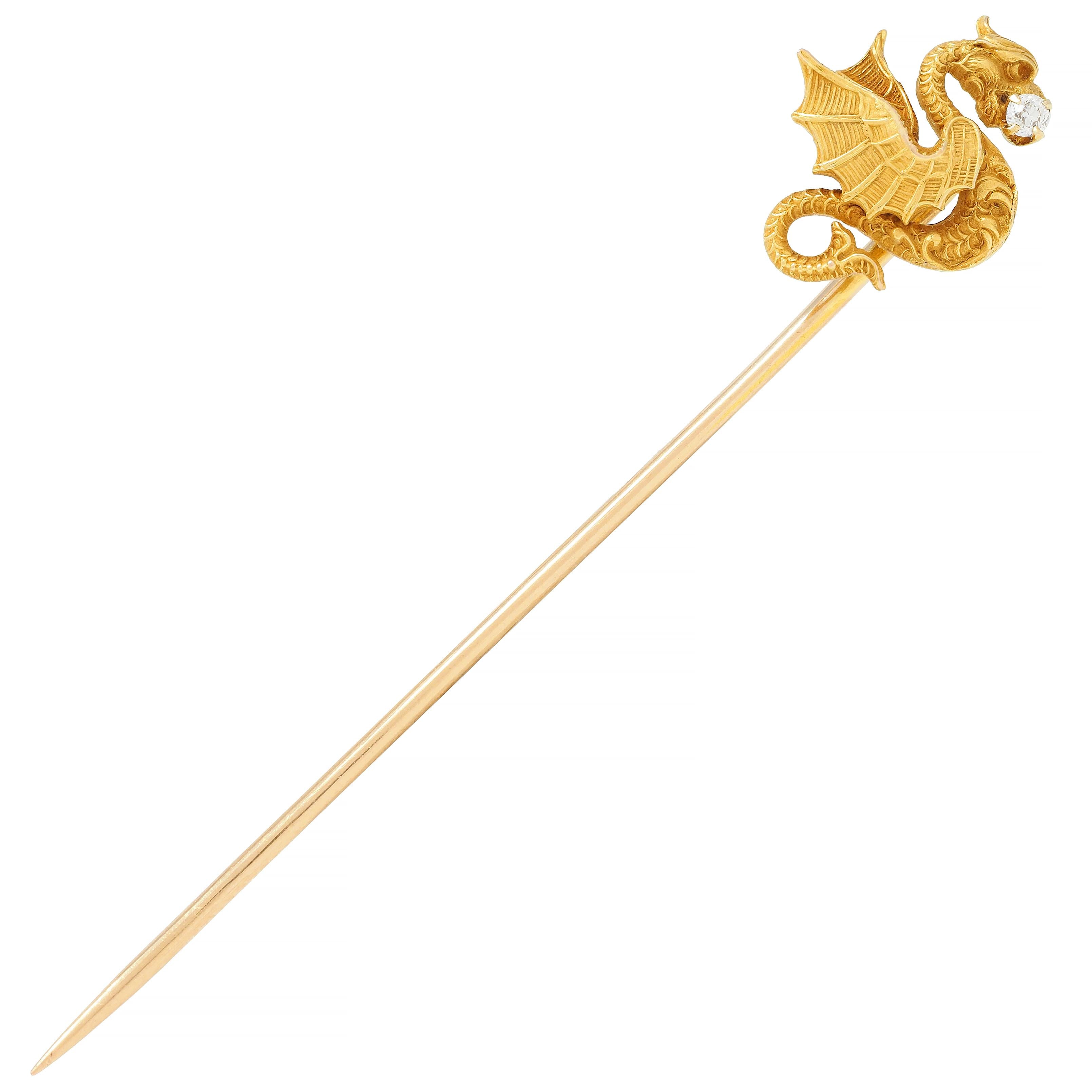 Art Nouveau Diamond 14 Karat Yellow Gold Dragon Antique Stickpin