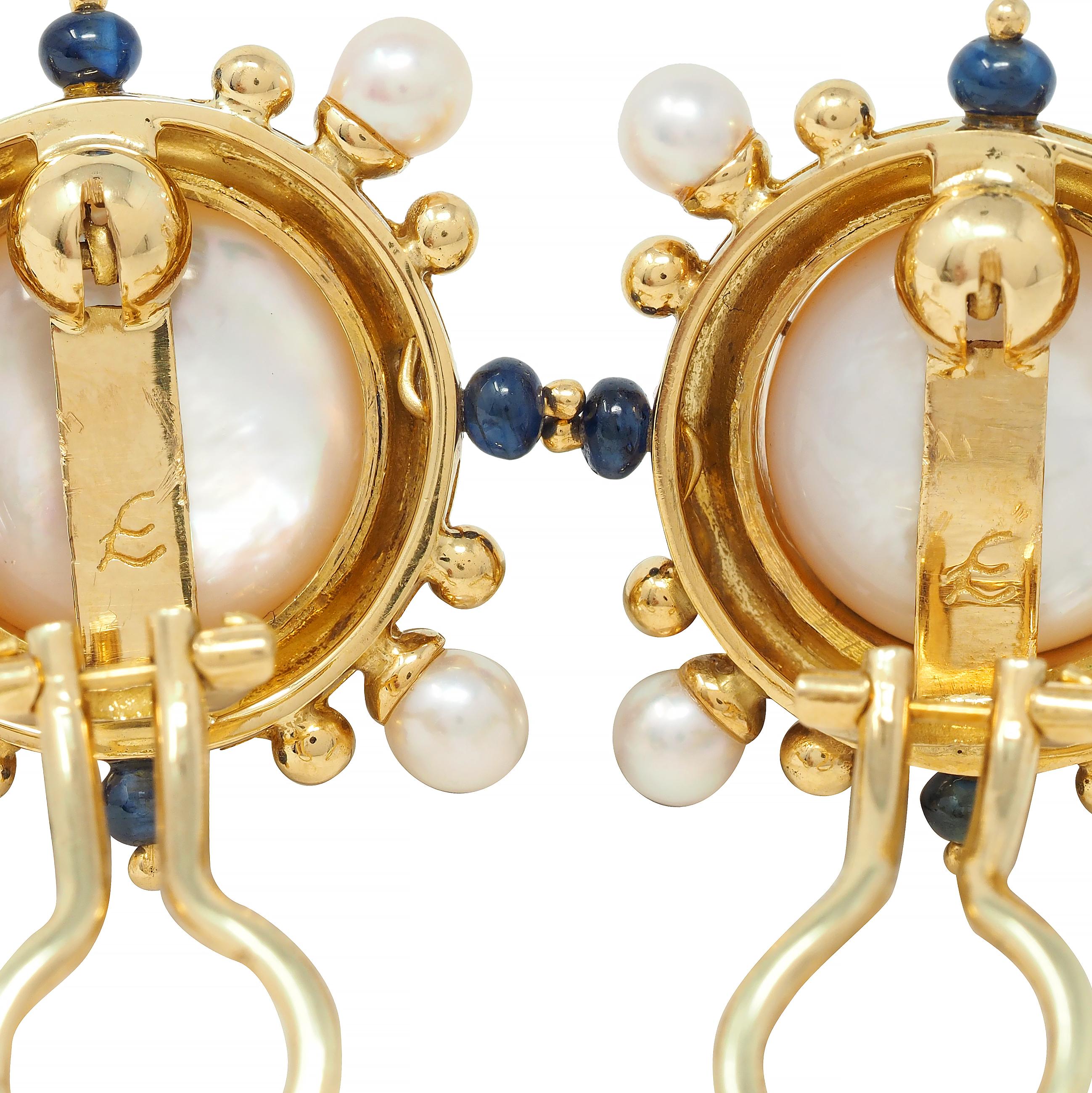 Elizabeth Locke Button Pearl Sapphire 18 Karat Yellow Gold Earrings