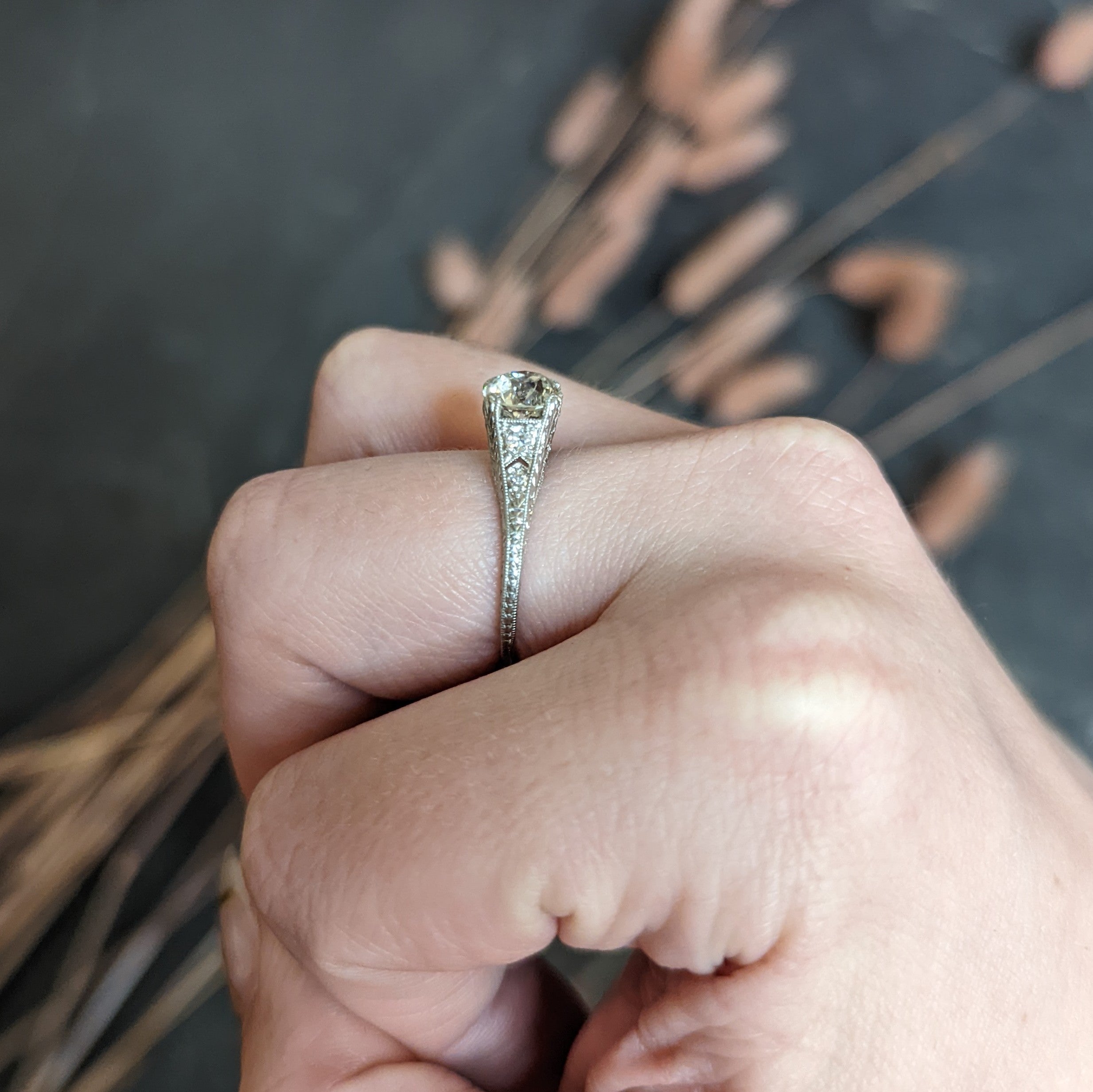 Late Edwardian Wheeler & Co. 1.48 CTW Diamond Platinum Engraved Engagement Ring Wilson's Antique & Estate Jewelry