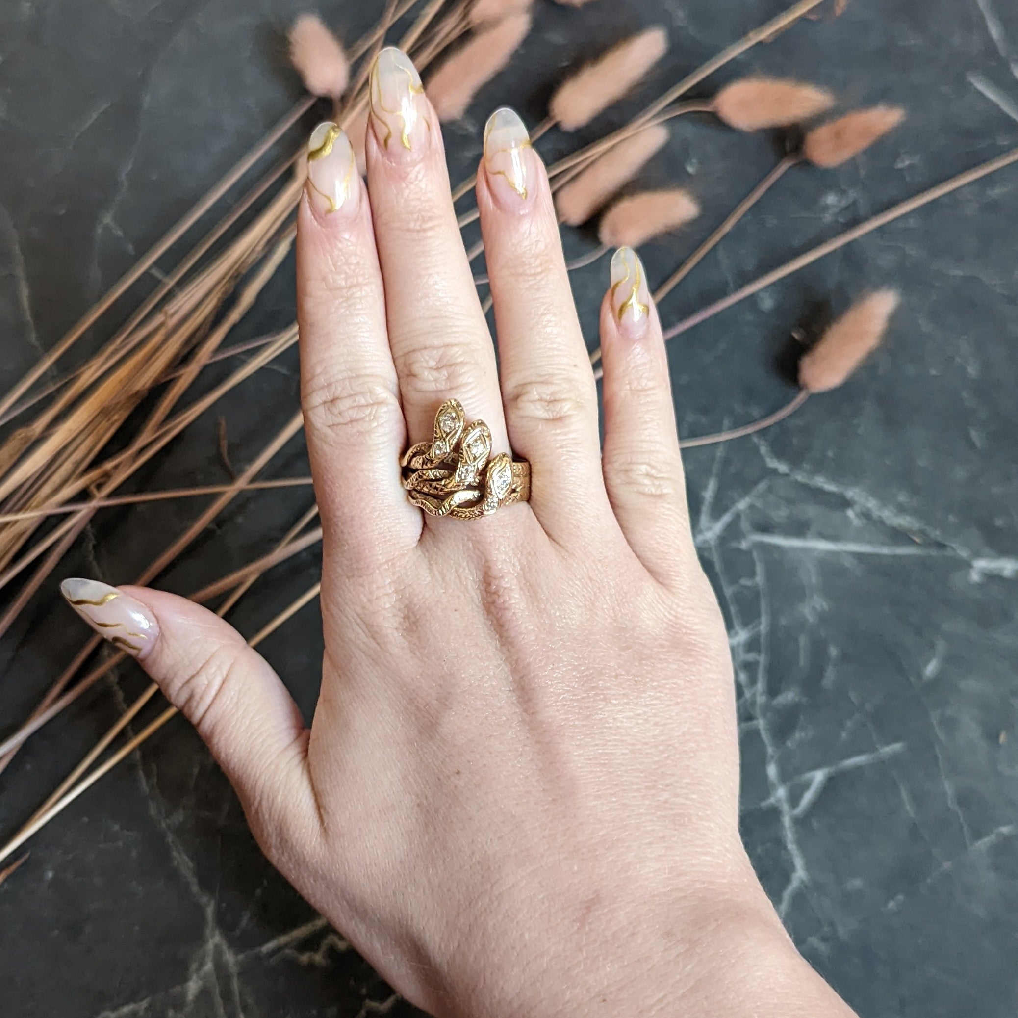 Late Victorian Diamond 10 Karat Rose Gold Snake Unisex Ring Wilson's Antique & Estate Jewelry