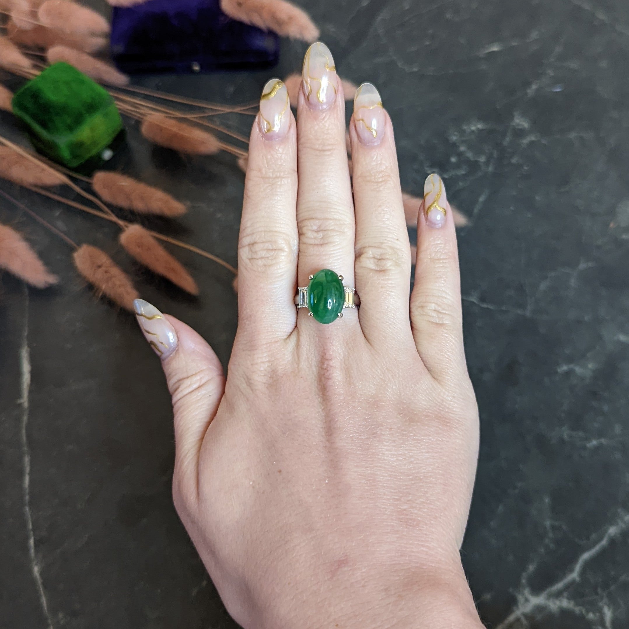 Jadeite Jade Diamond Platinum Three Stone Cabochon Ring GIA Wilson's Antique & Estate Jewelry