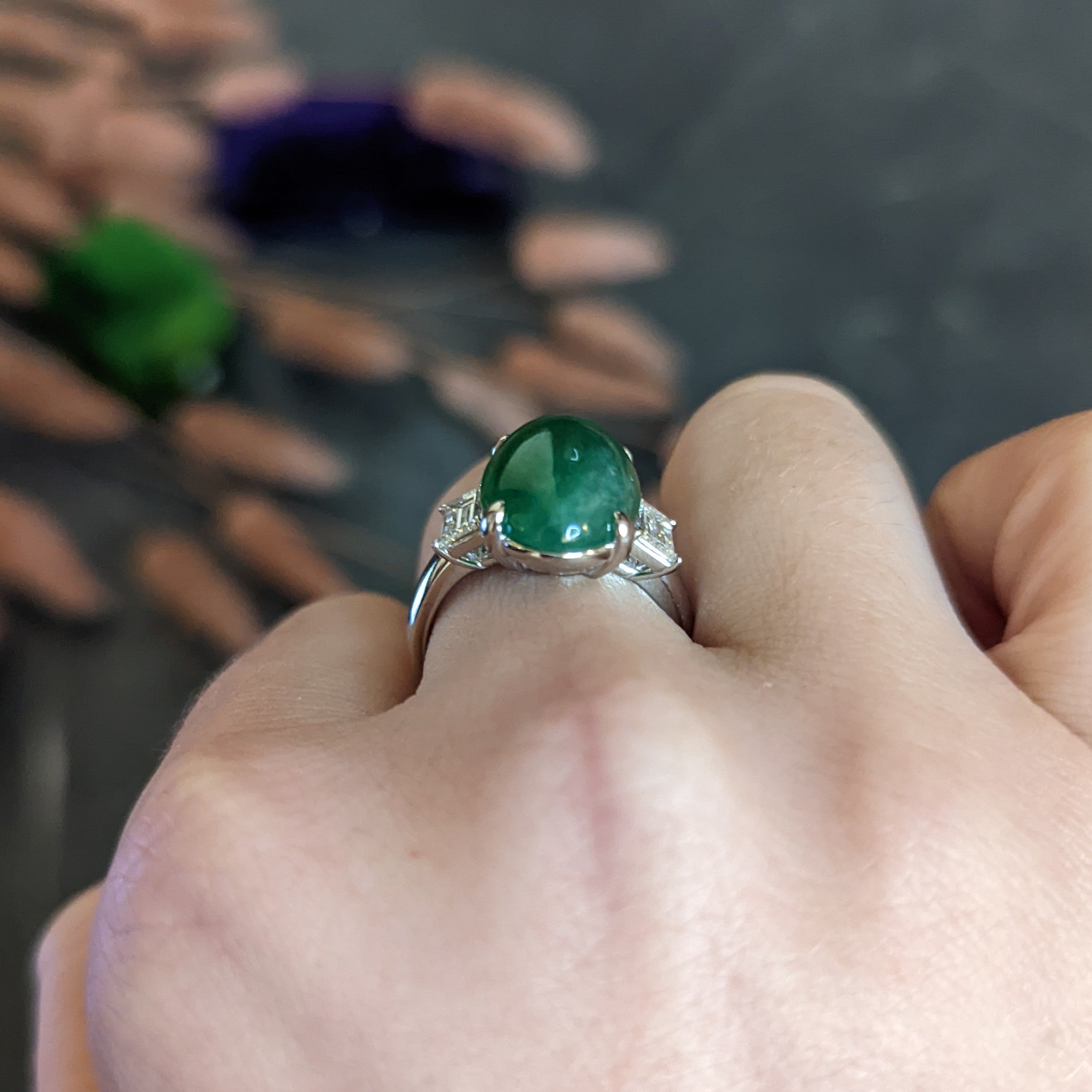 Jadeite Jade Diamond Platinum Three Stone Cabochon Ring GIA Wilson's Antique & Estate Jewelry