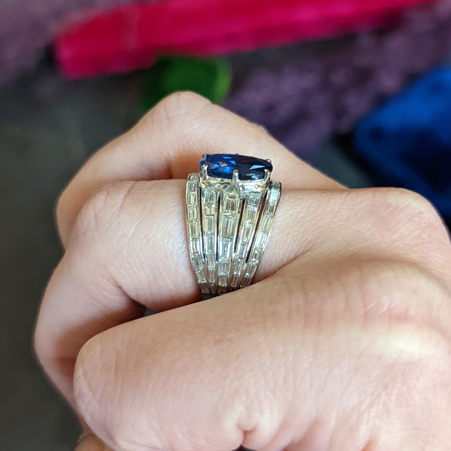 Mid-Century 6.90 CTW No Heat Ceylon Sapphire Diamond 18 Karat White Gold Band Ring GIA Wilson's Antique & Estate Jewelry