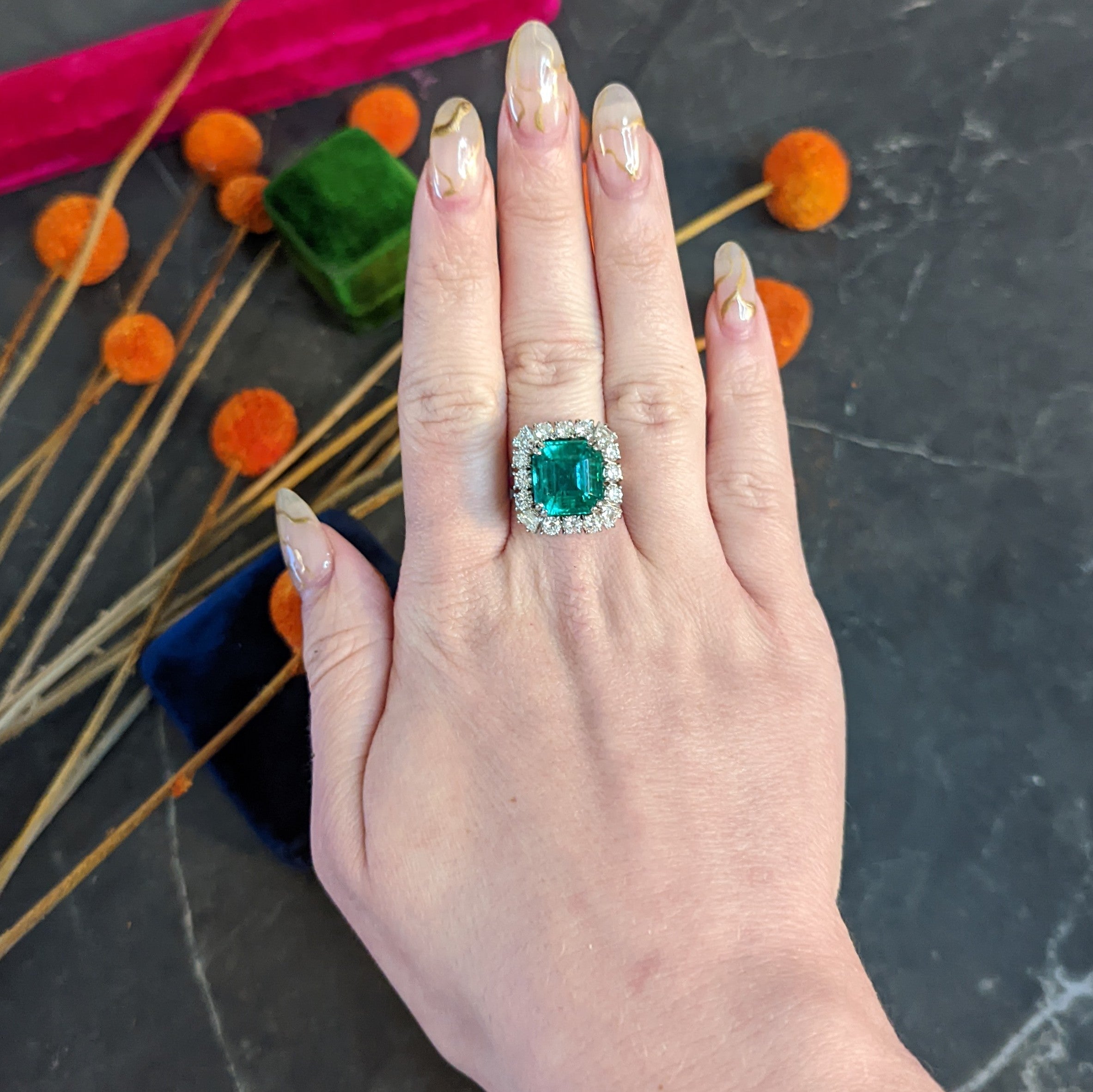 Outstanding 1950's Mid-Century Colombian Emerald Diamond 18 Karat White Cluster Ring AGL Wilson's Estate Jewelry