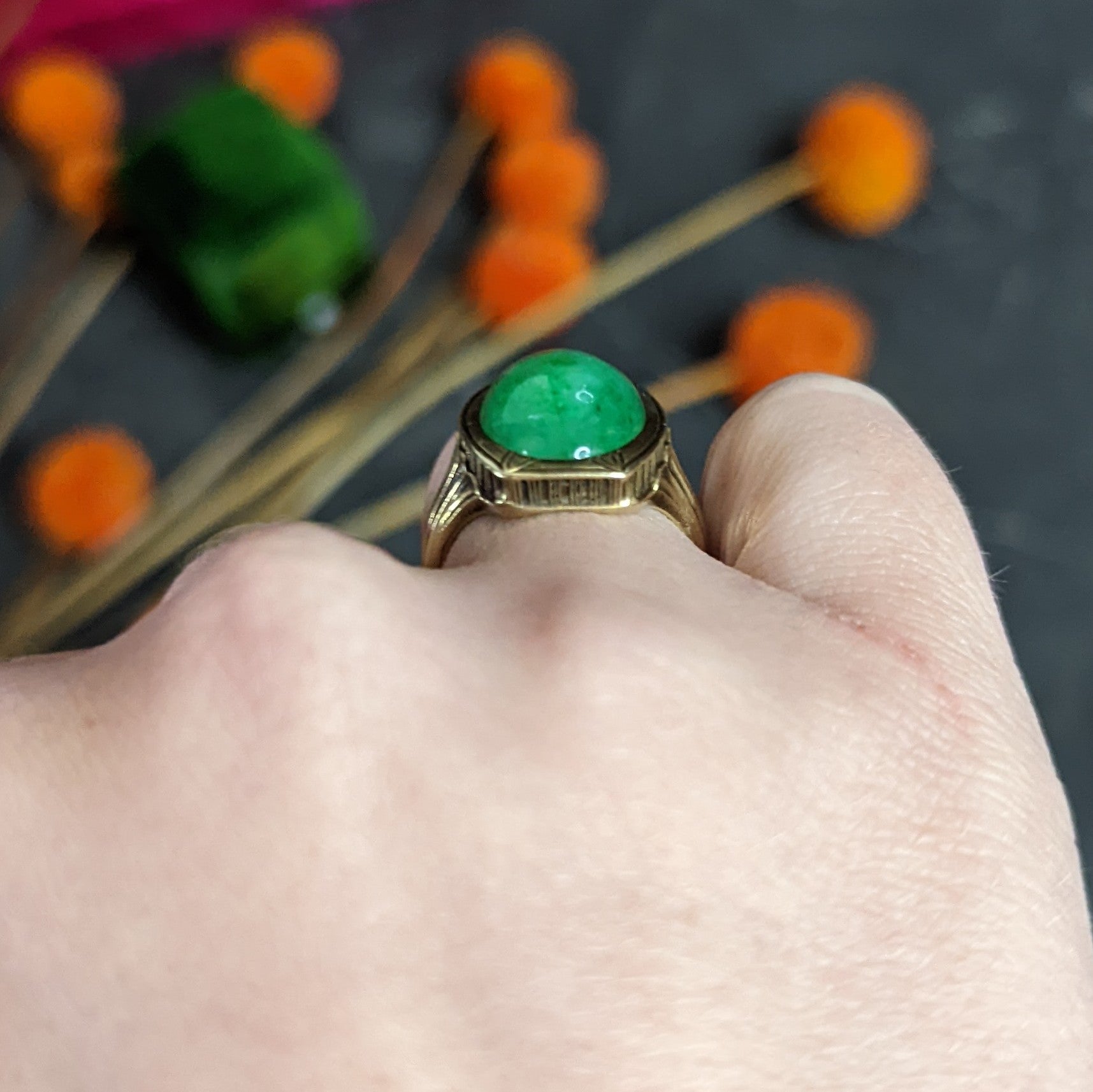 Larter & Sons Art Deco Jadeite Jade Cabochon 14 Karat Gold Lotus Ring Wilson's Estate Jewelry