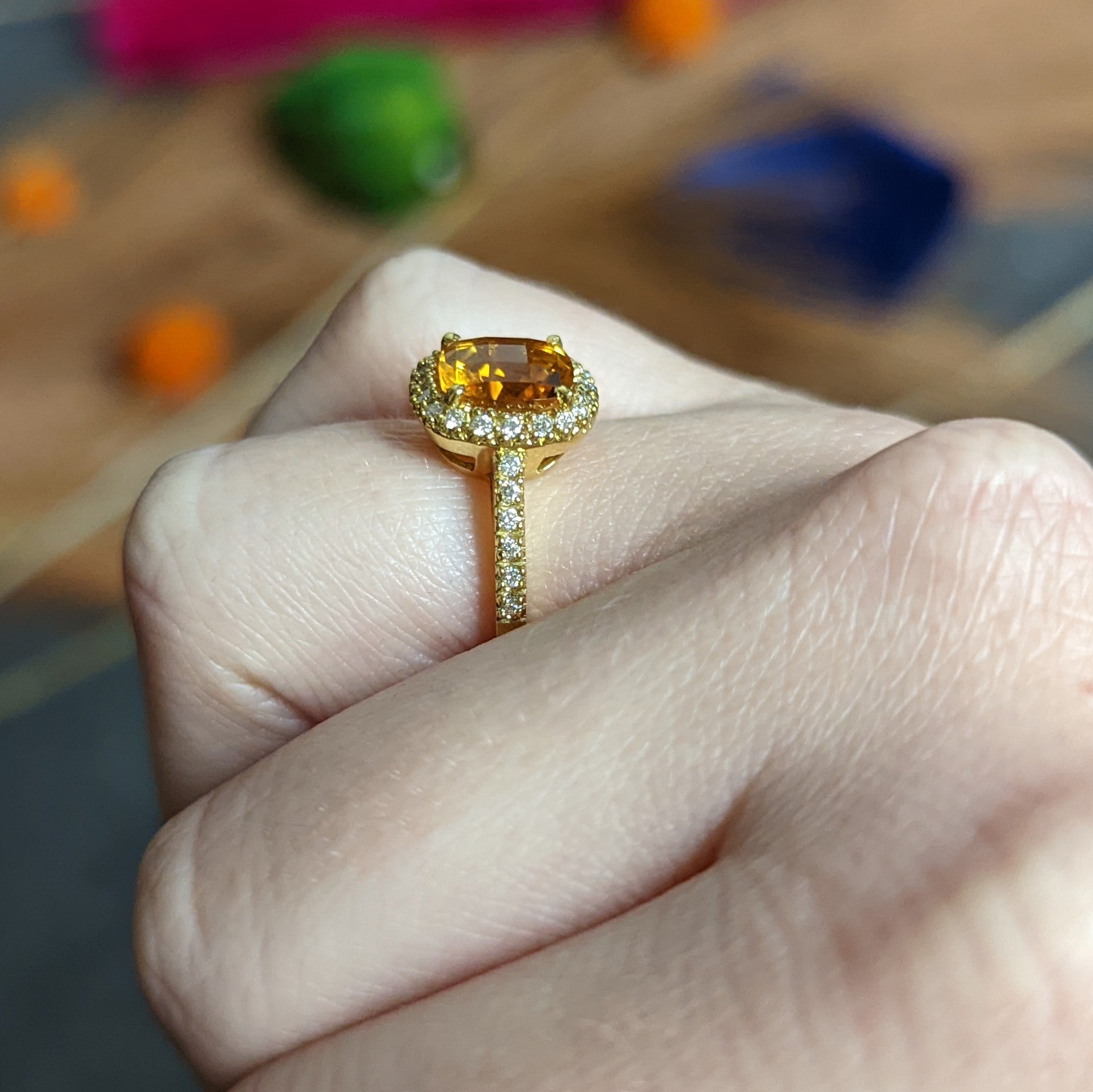 Checkerboard Citrine Diamond Halo 18 Karat Gold Gemstone Ring Wilson's Estate Jewelry