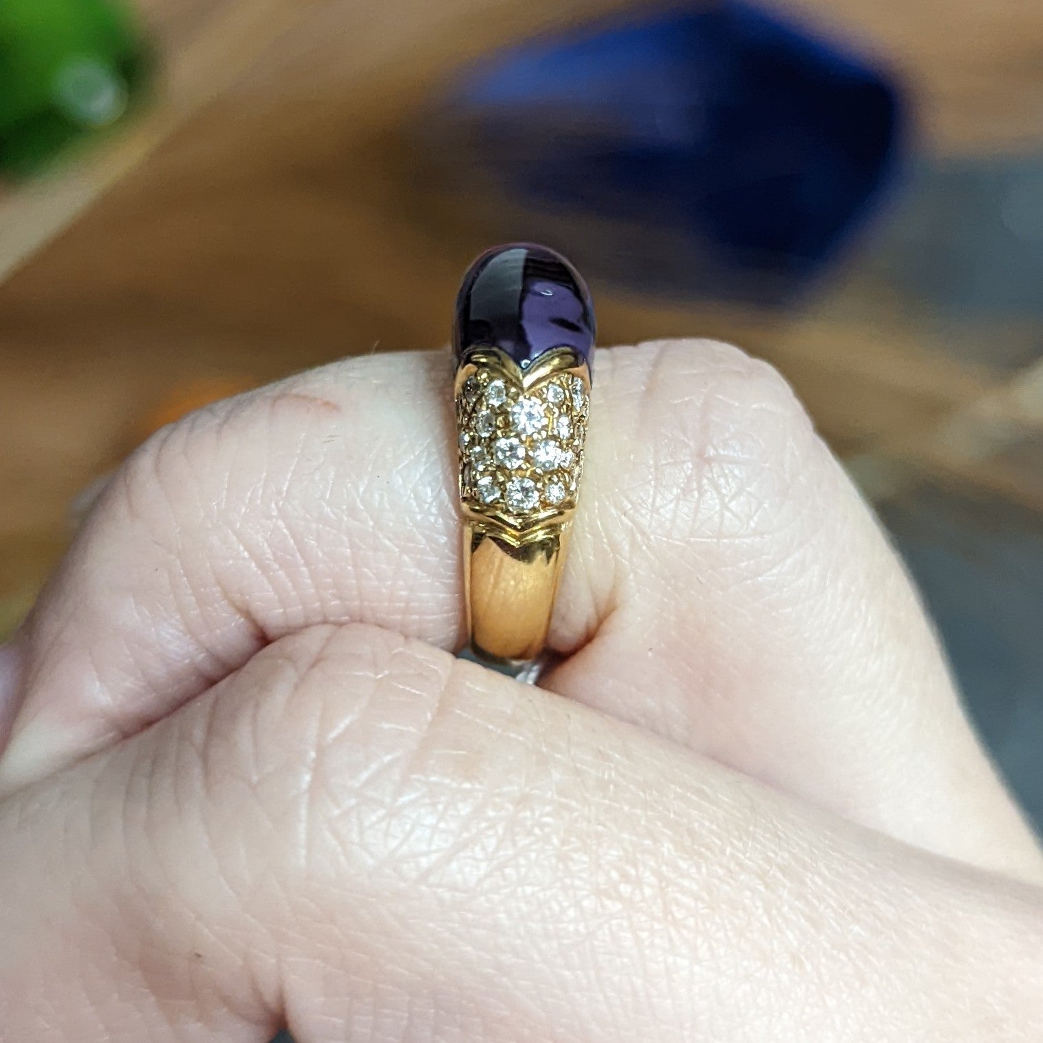 Bulgari Diamond Amethyst 18 Karat Yellow Gold Tronchetto Band Ring Wilson's Estate Jewelry