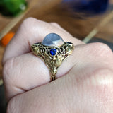 Arts & Crafts Moonstone 1.00 CTW Sapphire 14 Karat Green Gold Floral Ring Wilson's Estate Jewelry