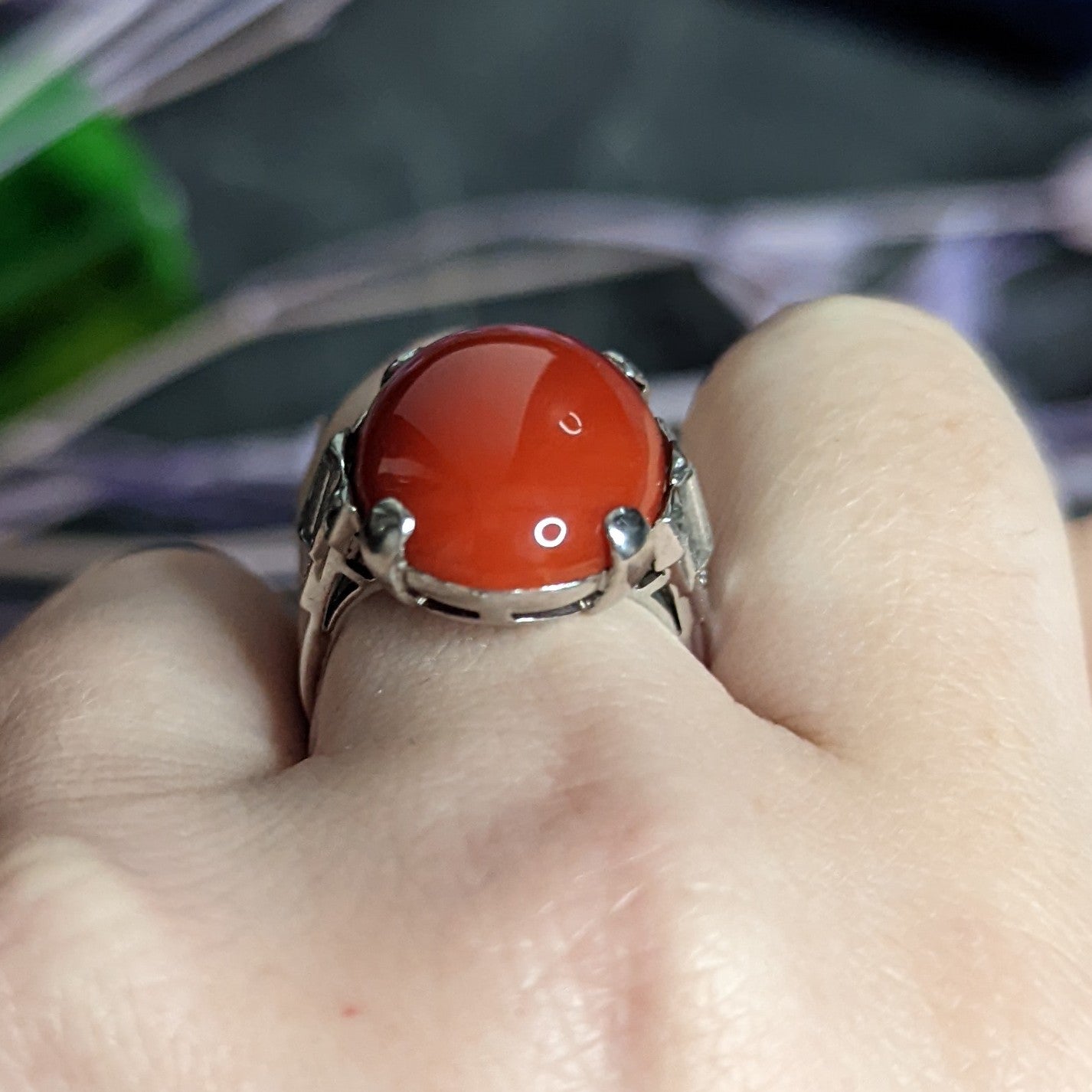 Art Deco Tiffany & Co. Coral Diamond Platinum Cabochon Ring Wilson's Estate Jewelry