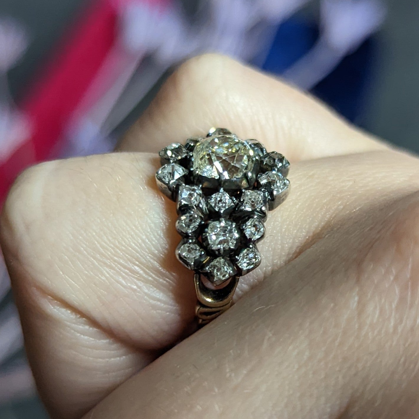 Victorian 2.45 CTW Old Mine Diamond Silver-Topped 18 Karat Gold Cluster Ring Wilson's Estate Jewelry