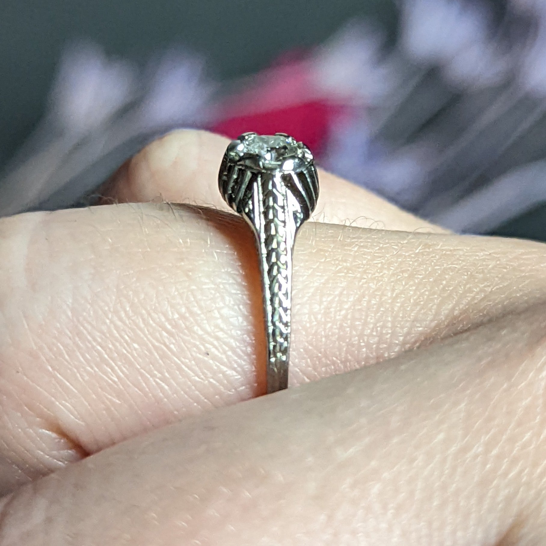 Art Deco 0.35 CTW Diamond 18 Karat White Gold Foliate Engagement Ring Wilson's Estate Jewelry