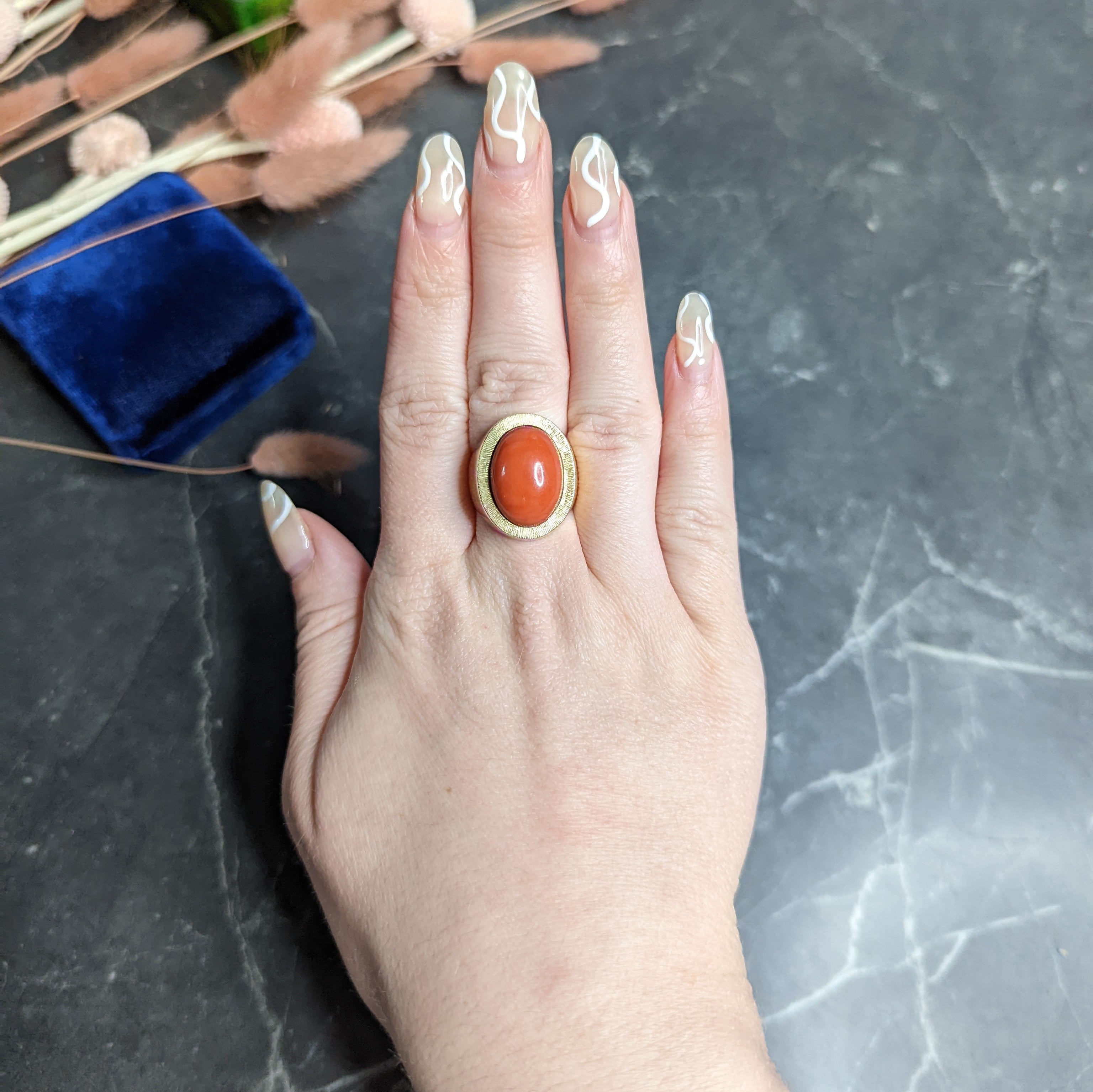 1960's Modernist Vintage Coral 18 Karat Yellow Gold Unisex Cabochon Ring Wilson's Estate Jewelry