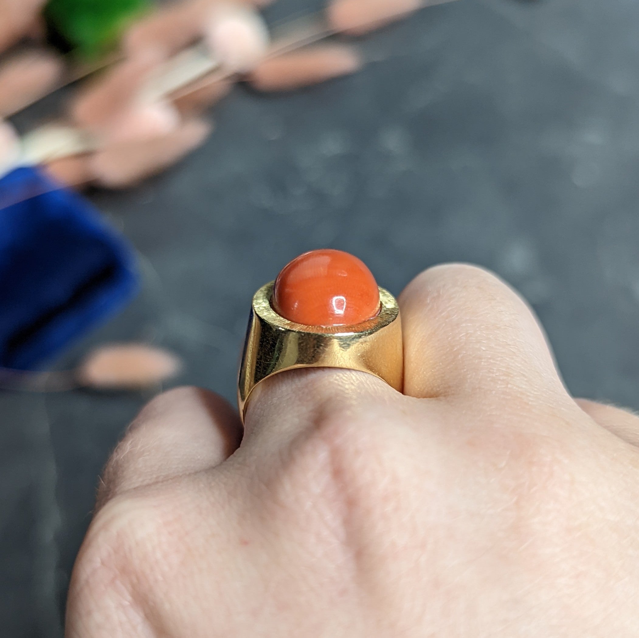 1960's Modernist Vintage Coral 18 Karat Yellow Gold Unisex Cabochon Ring Wilson's Estate Jewelry