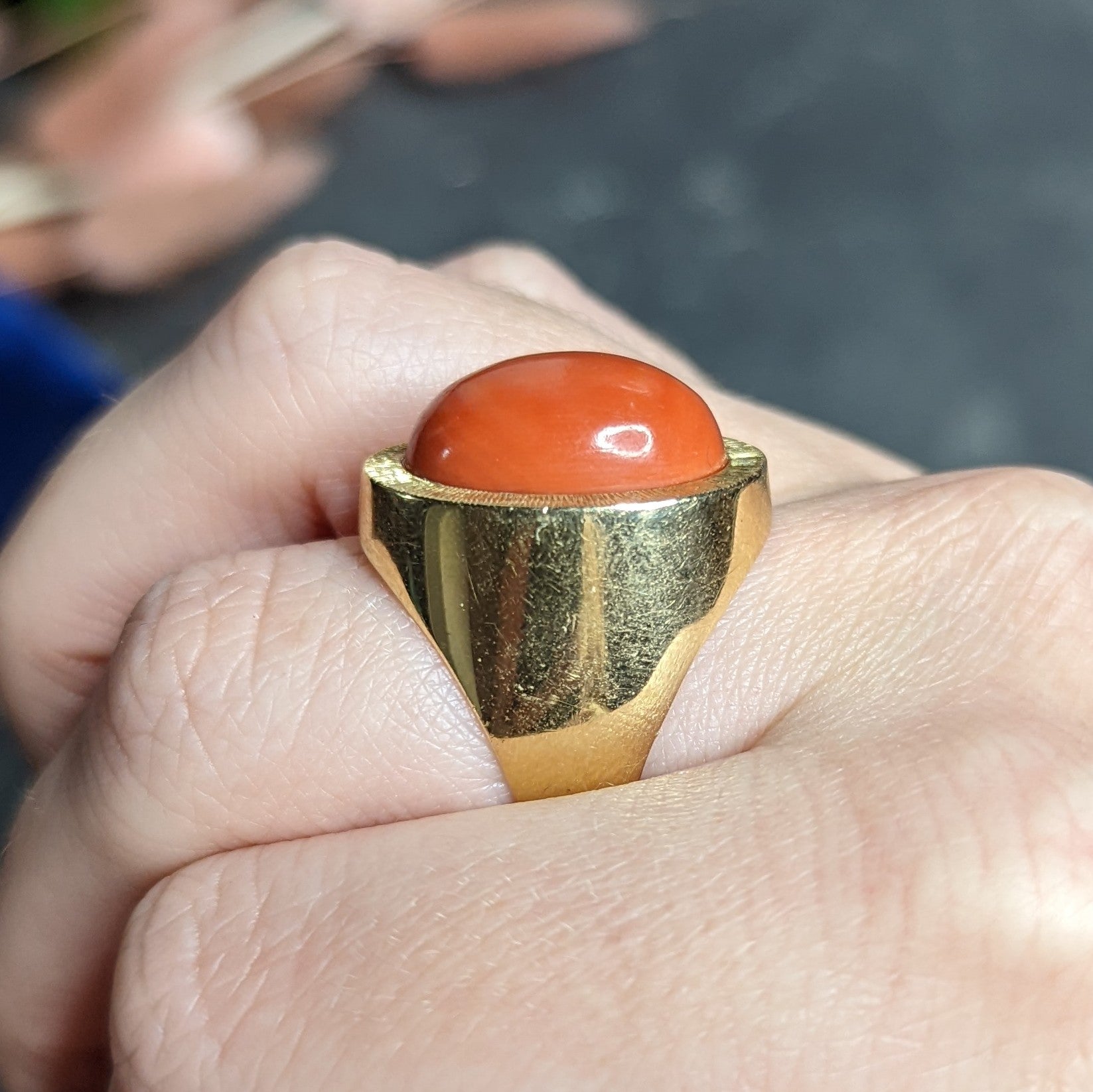 1960's Modernist Vintage Coral 18 Karat Yellow Gold Unisex Cabochon Ring Wilson's Estate Jewelry