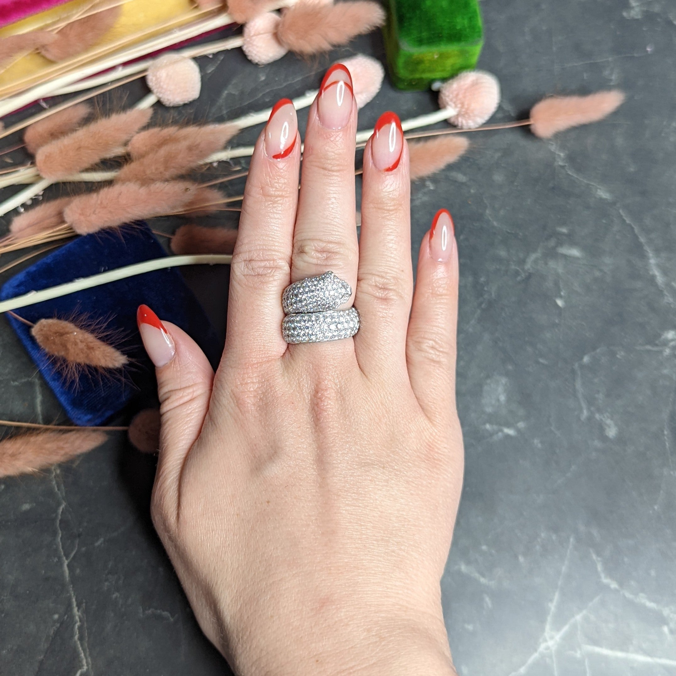 Cartier French 6.57 CTW Diamond Emerald 18 Karat White Gold Panthere Bypass Ring Wilson's Estate Jewelry
