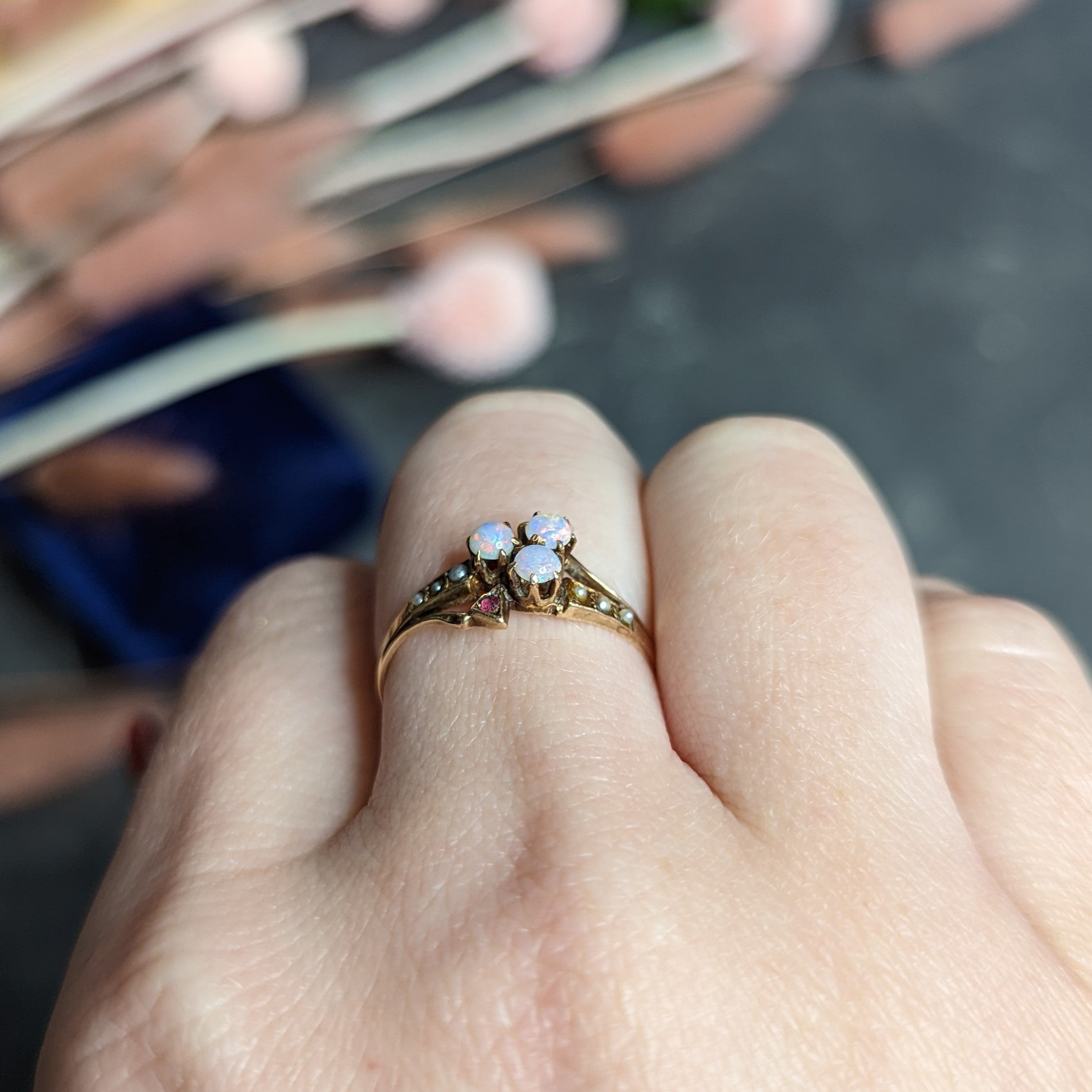 1890's Victorian Opal Ruby Seed Pearl 14 Karat Rose Gold Clover Ring Wilson's Estate Jewelry