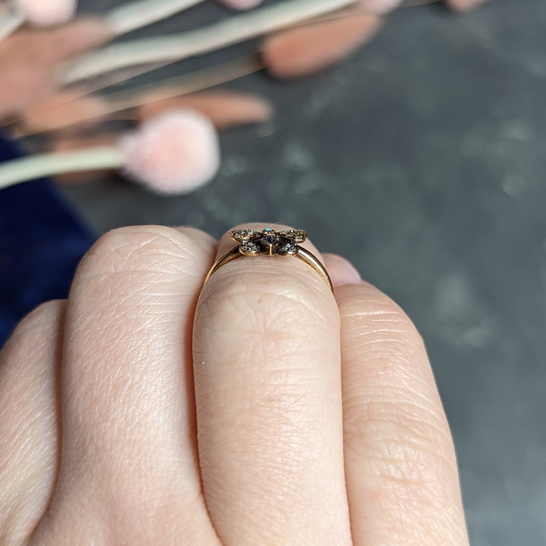 Victorian Diamond Sapphire Turquoise 14 & 18 Karat Rose Gold Butterfly Ring Wilson's Estate Jewelry