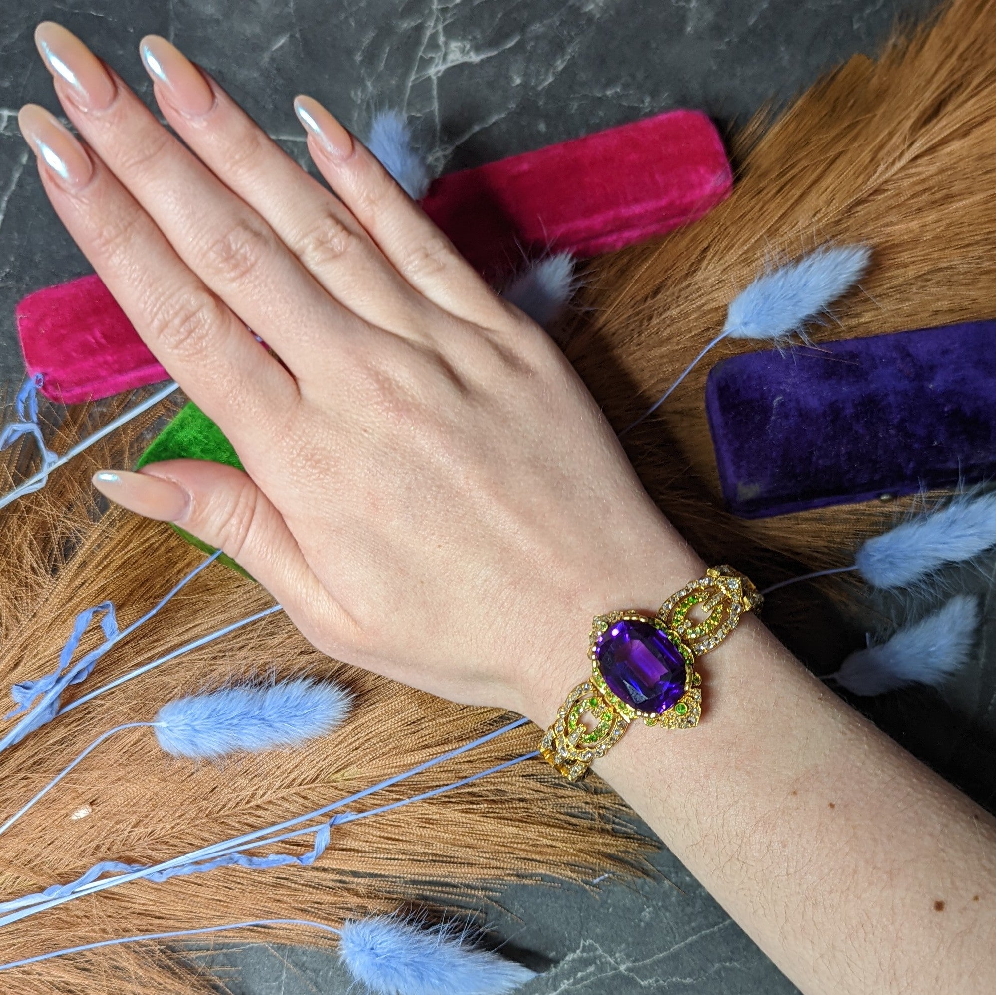 Suffragette Amethyst Demantoid Garnet Diamond 18 Karat Gold Decorous Bracelet Wilson's Estate Jewelry