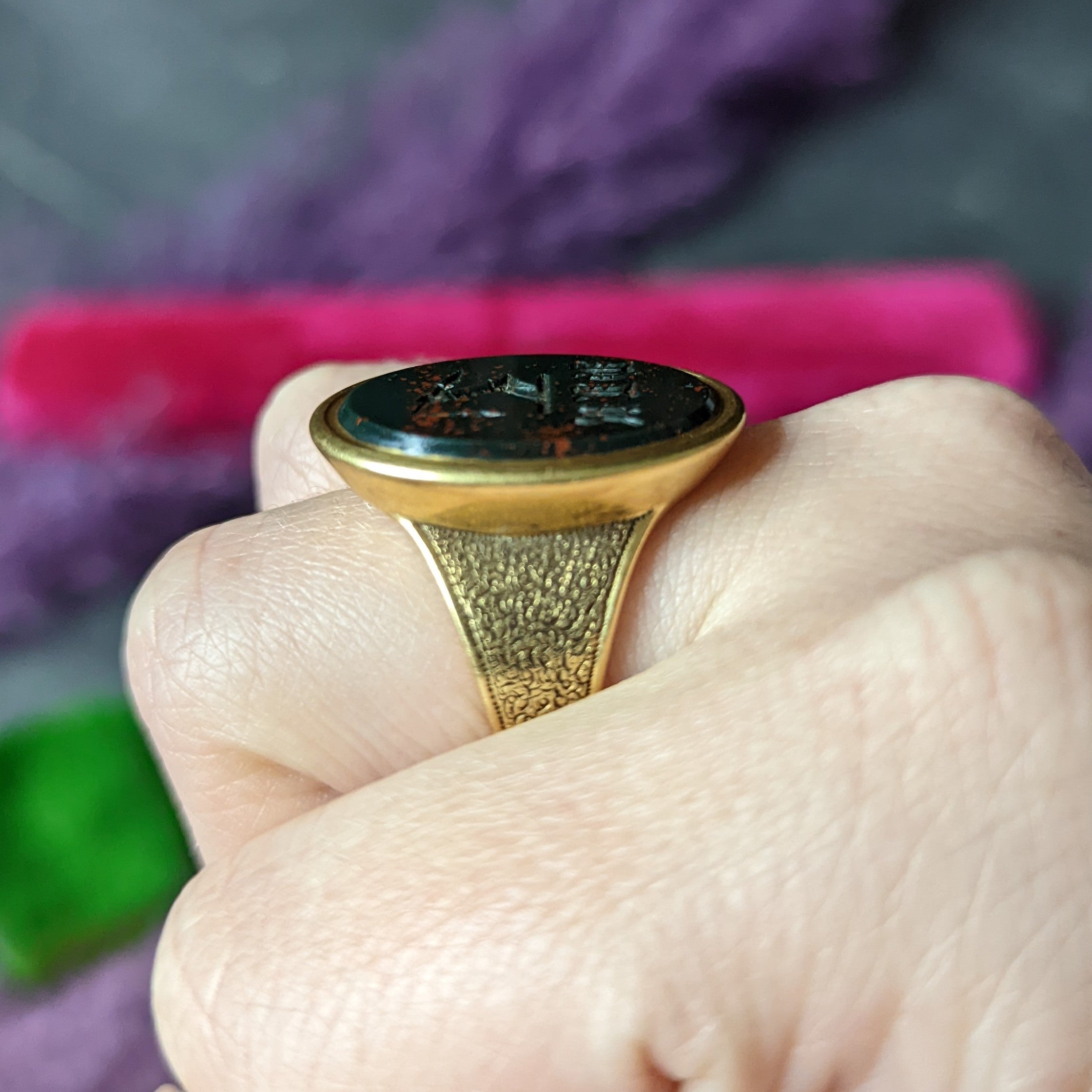 Victorian Bloodstone 18 Karat Gold Intaglio Monogram Signet Unisex Ring Wilson's Estate Jewelry