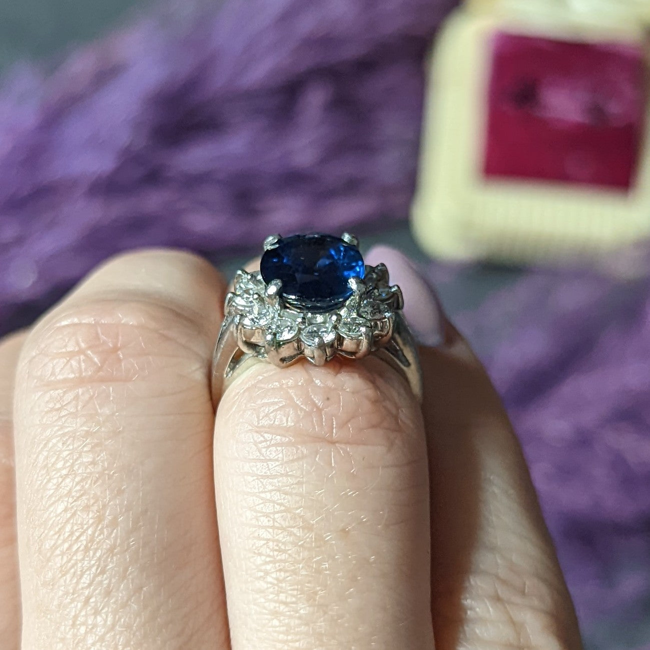 1980's Vintage 4.85 CTW Sapphire Diamond Platinum Cluster Ring Wilson's Estate Jewelry