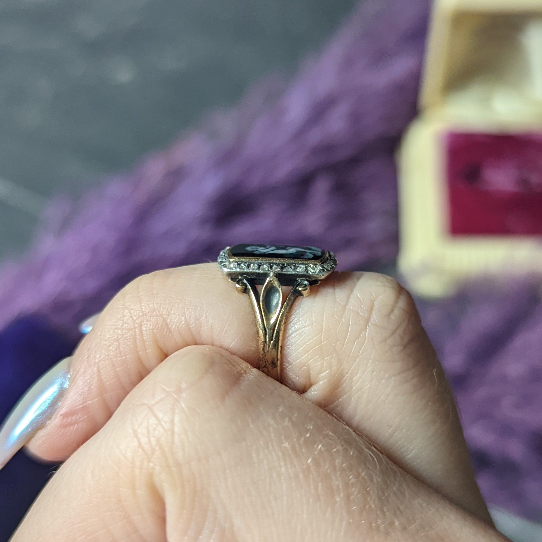 1850's Victorian Neoclassical Enamel Diamond Silver-Topped 18 Karat Gold Cupid Antique Ring Wilson's Estate Jewelry