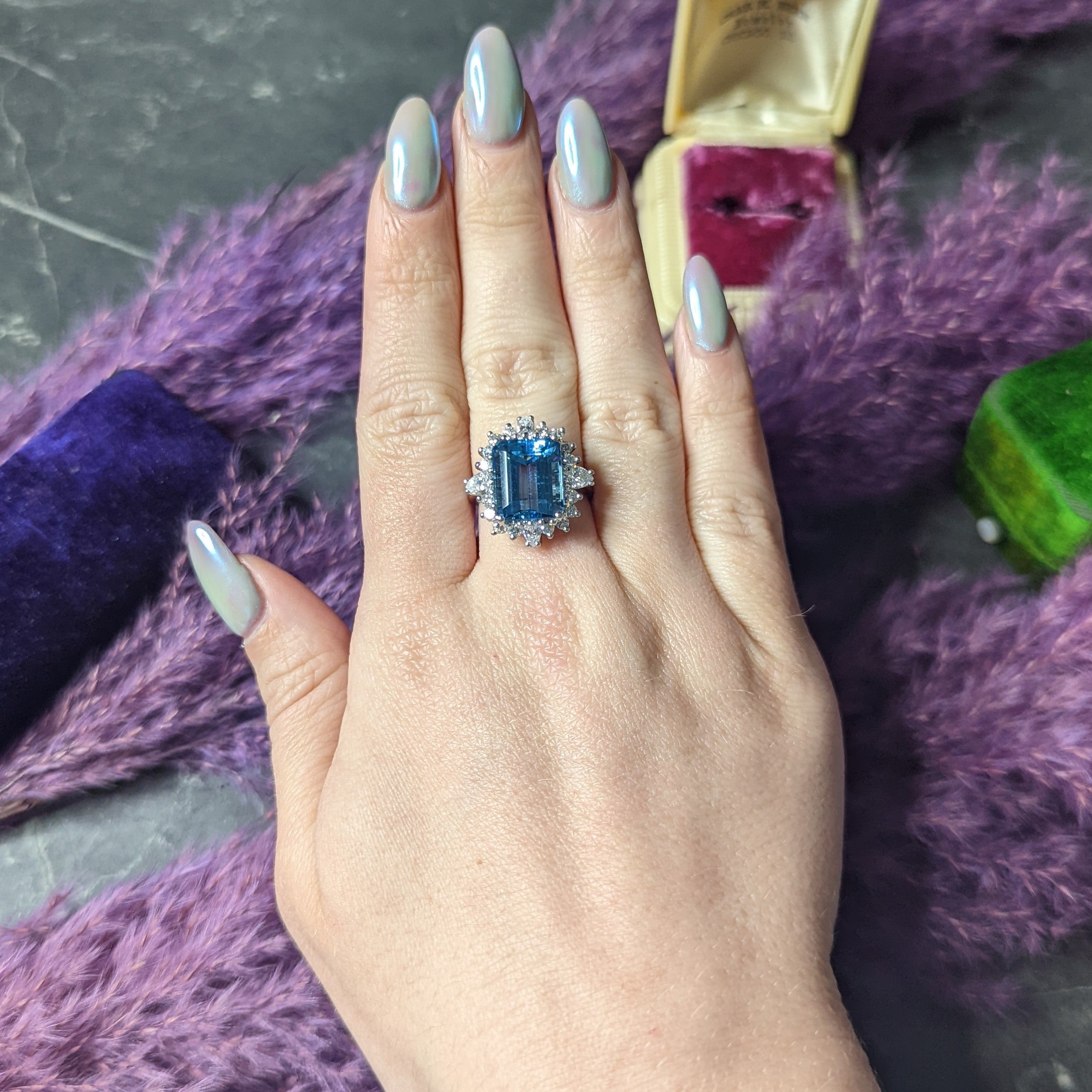 Vintage 8.05 CTW Aquamarine Diamond 14 Karat White Gold Cluster Ring Wilson's Estate Jewelry
