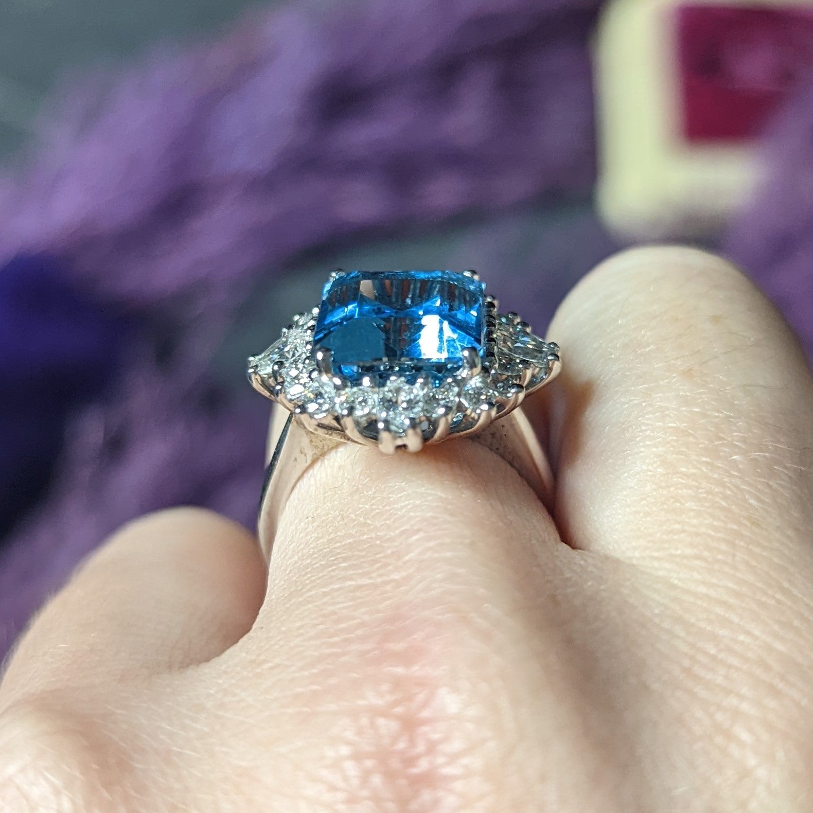 Vintage 8.05 CTW Aquamarine Diamond 14 Karat White Gold Cluster Ring Wilson's Estate Jewelry