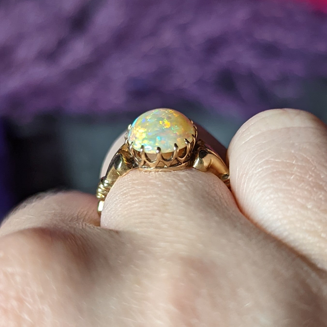 Victorian Opal 14 Karat Yellow Gold Lotus Gemstone Antique Ring Wilson's Estate Jewelry