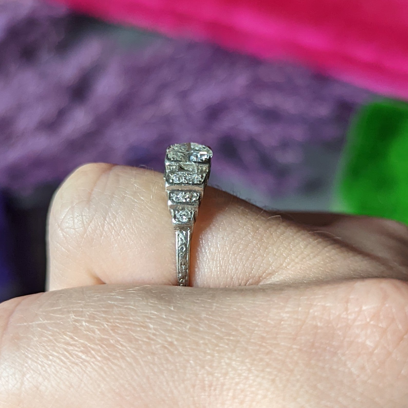 Mid-Century Transitional Cut 1.08 CTW Diamond Platinum Stepped Heart Vintage Engagement Ring Wilson's Estate Jewelry