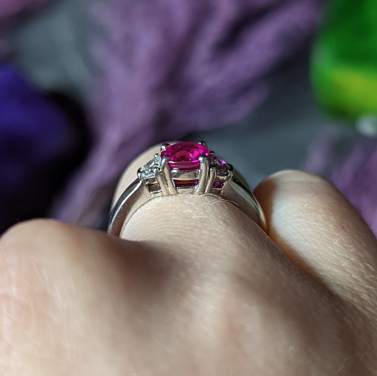 Vintage 1.78 CTW Pink Sapphire Diamond Platinum Three Stone Ring Wilson's Estate Jewelry