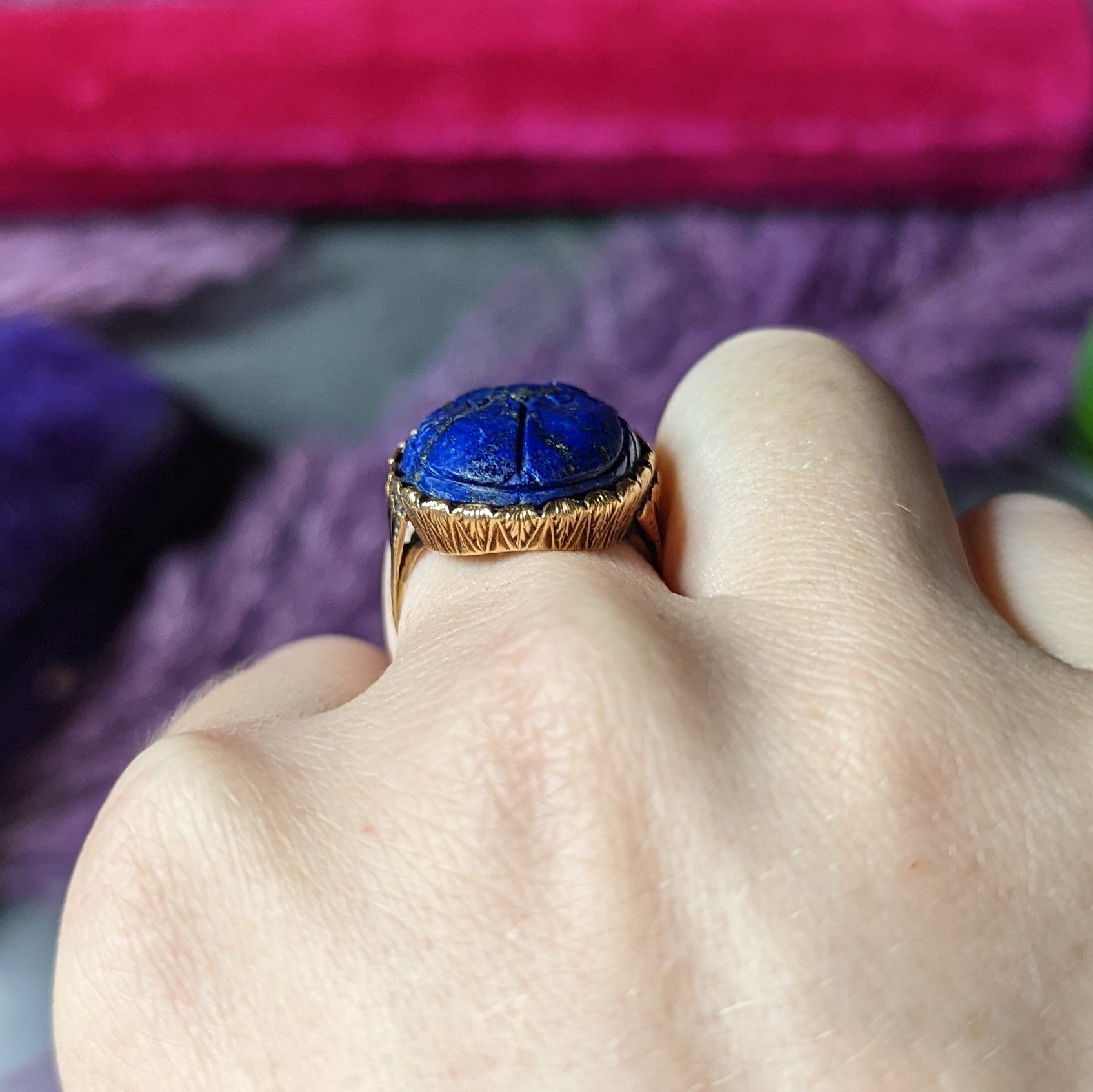 Vintage Etruscan Revival Lapis Lazuli 14 Karat Yellow Gold Scarab Antique Ring Wilson's Estate Jewelry