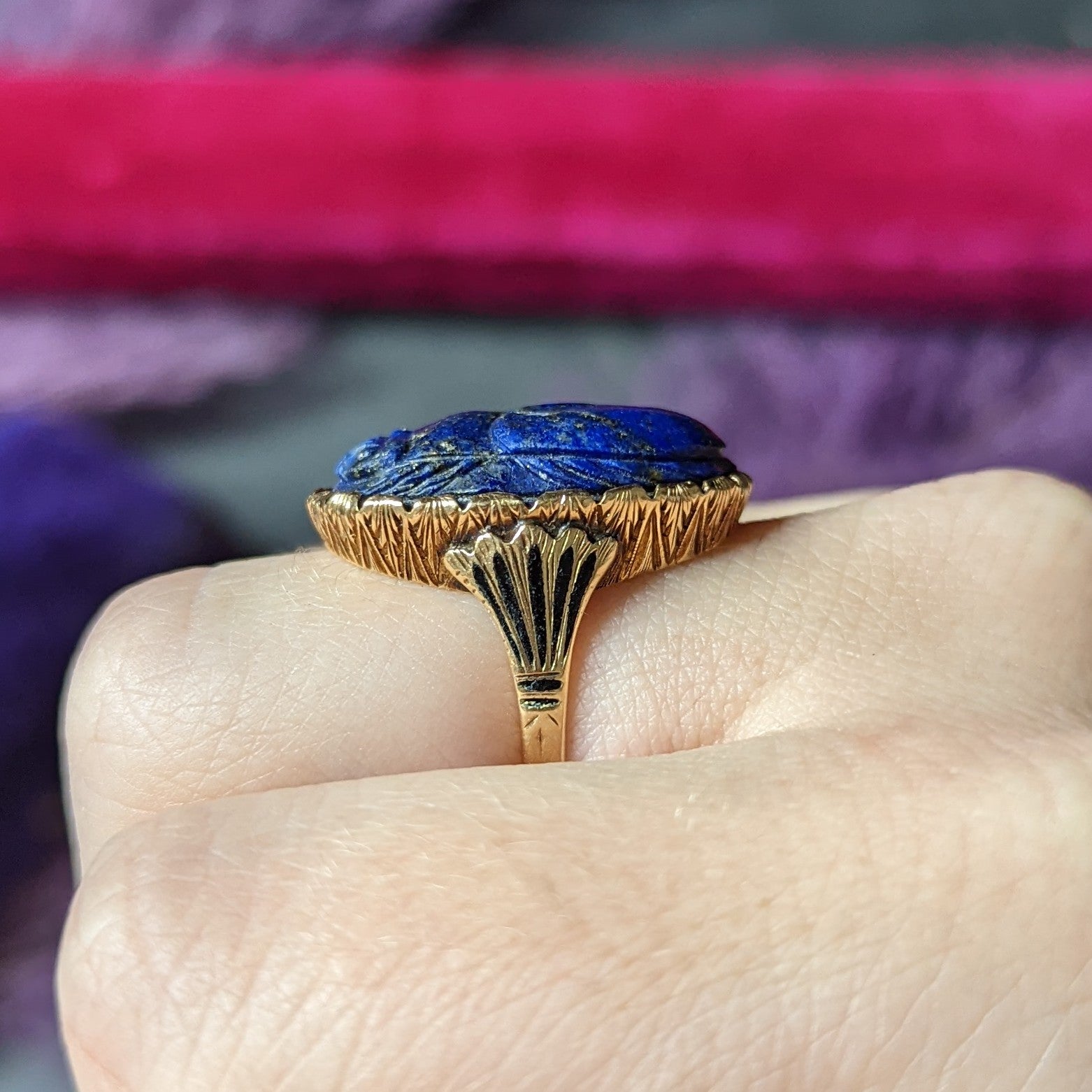 Vintage Etruscan Revival Lapis Lazuli 14 Karat Yellow Gold Scarab Antique Ring Wilson's Estate Jewelry