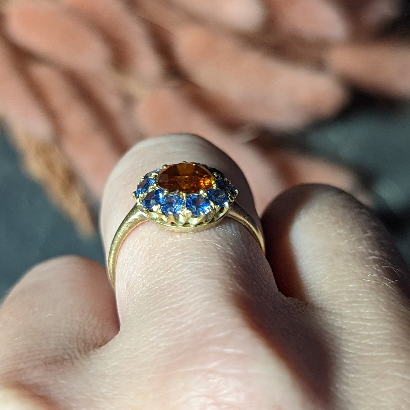 Vintage Fancy Orange Diamond Sapphire 14 Karat Yellow Gold Cluster Ring GIA Wilson's Estate Jewelry