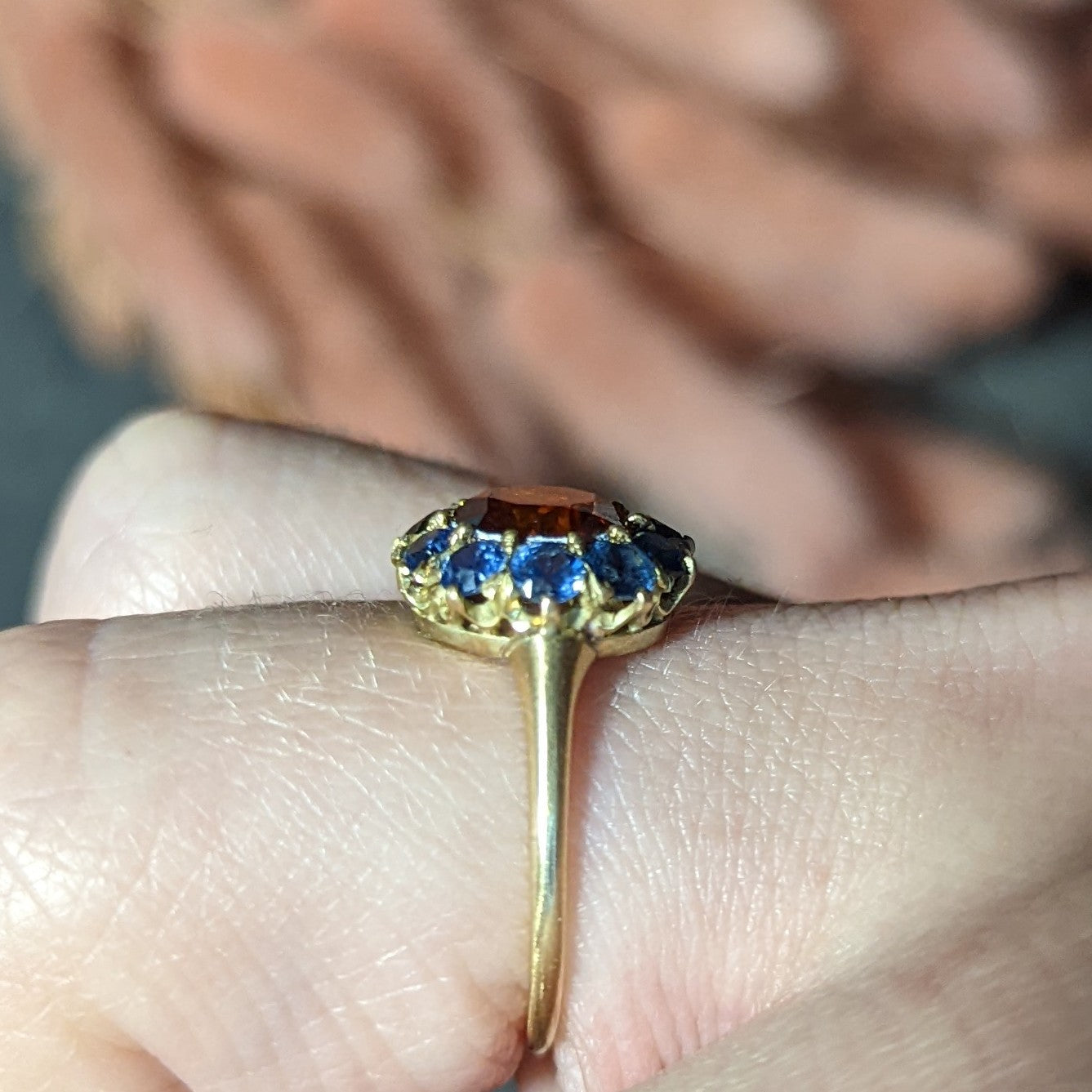 Vintage Fancy Orange Diamond Sapphire 14 Karat Yellow Gold Cluster Ring GIA Wilson's Estate Jewelry