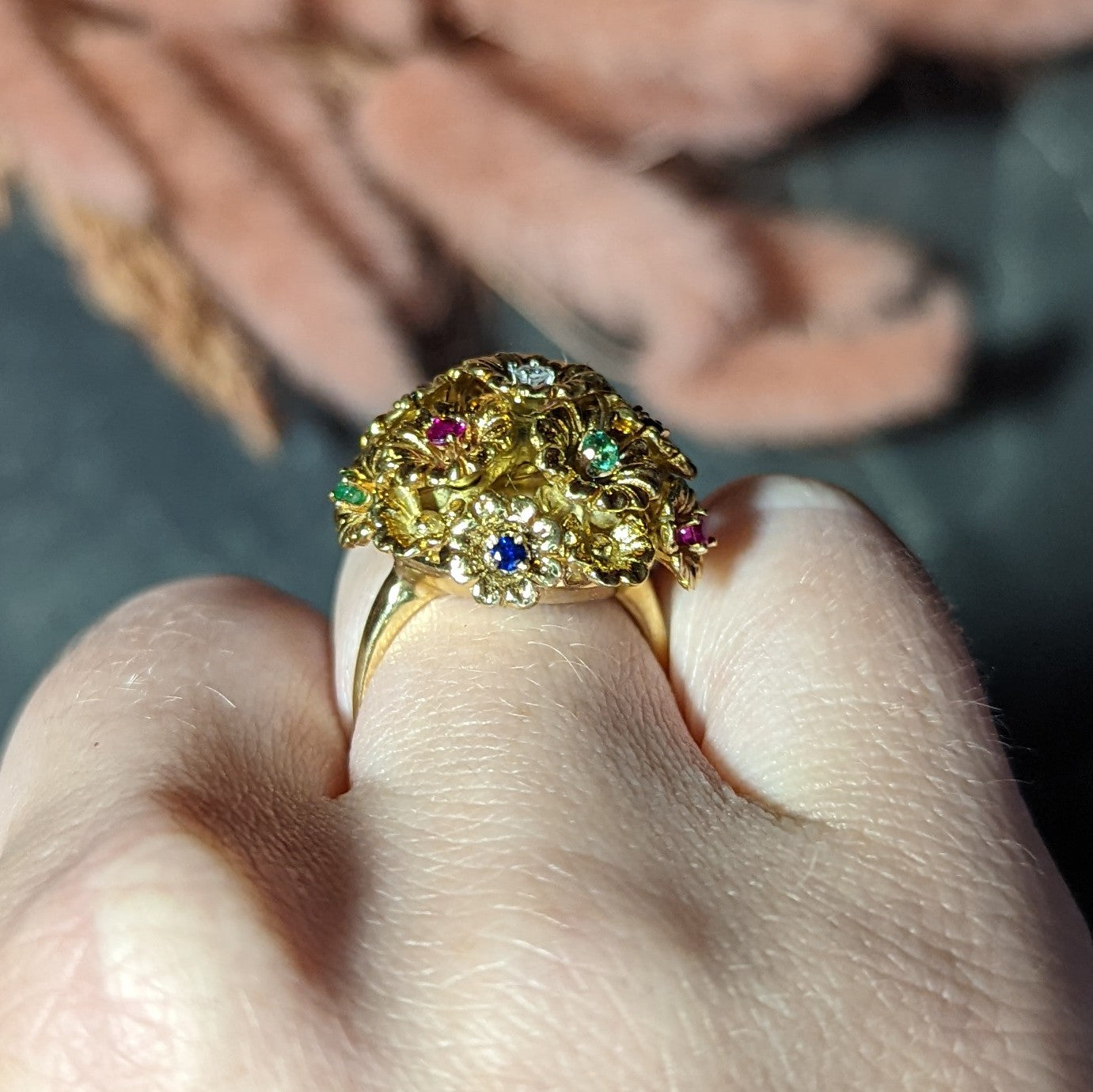 French Place Vendôme 0.35 CTW Sapphire Emerald Ruby Diamond 18 Karat Yellow Gold Vintage Tremblant Flower Ring Wilson's Estate Jewelry