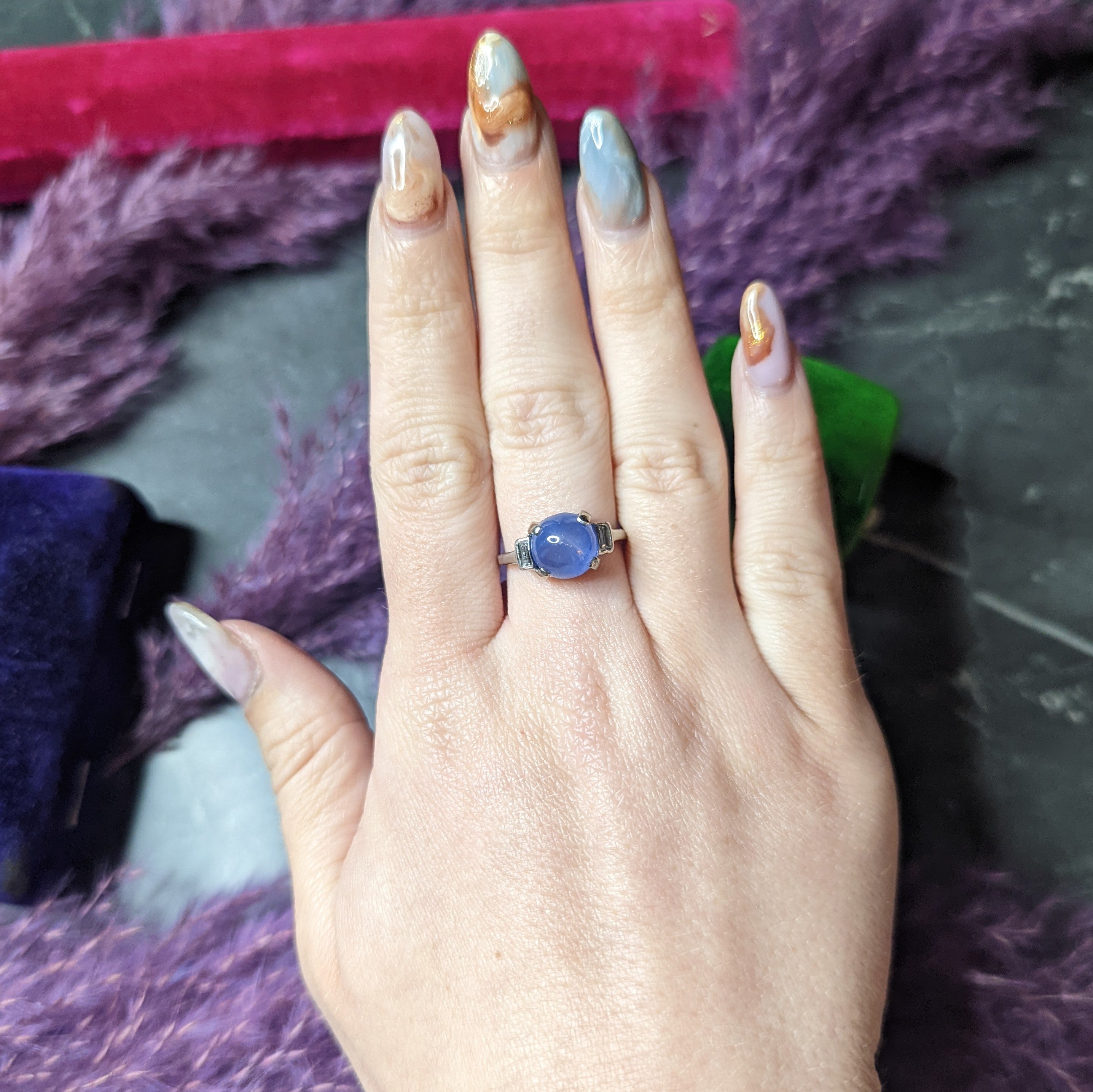 1950's Mid-Century 8.24 CTW Star Sapphire Cabochon Diamond Platinum Vintage Gemstone Ring Wilson's Estate Jewelry