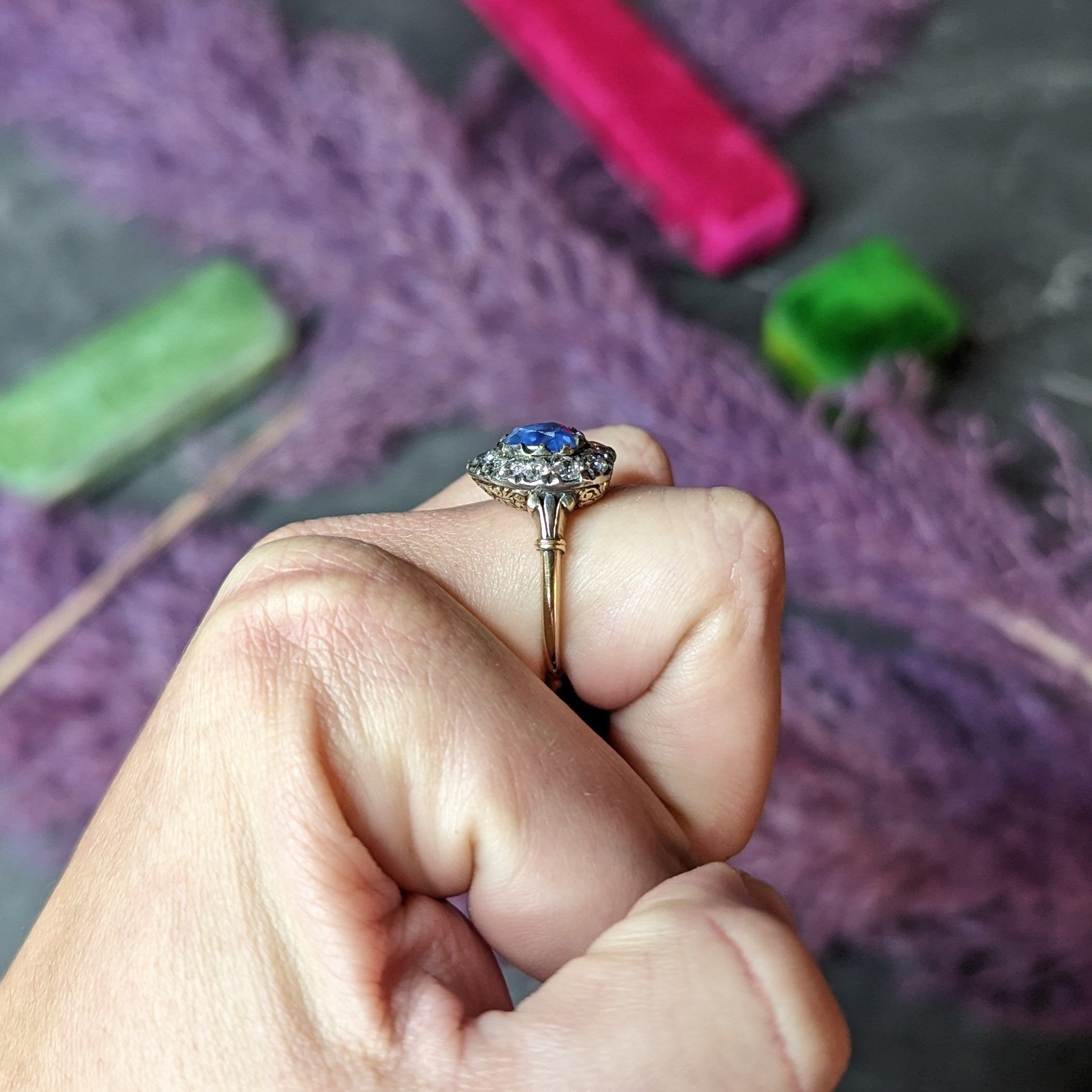 Victorian 4.60 CTW Heart Cut Sapphire Old European Cut Diamond Silver-Topped 18 Karat Yellow Gold Heart Halo Antique Ring Wilson's Estate Jewelry